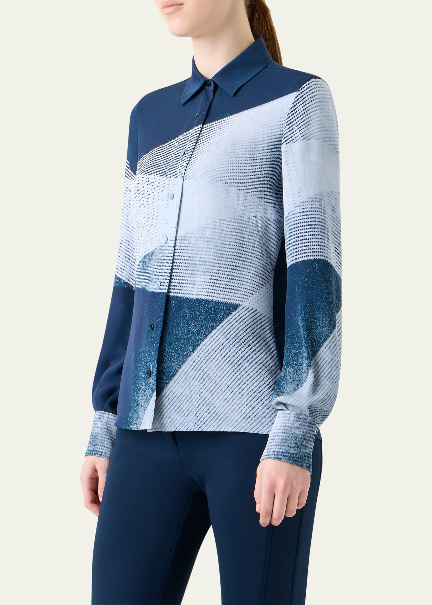 Zigzag Print Silk Crepe Button-Down Blouse - 4