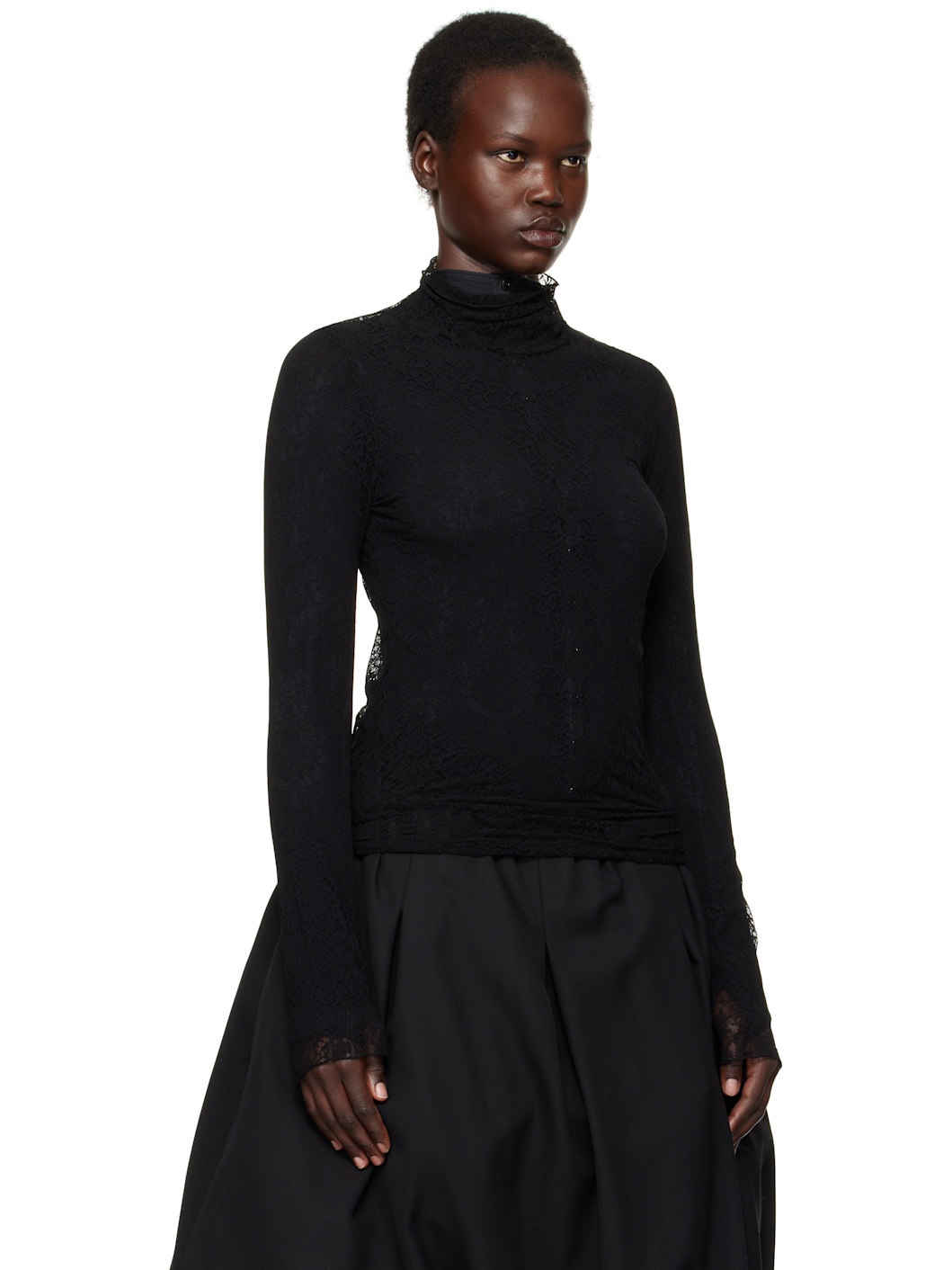 Black Stretch Lace Turtleneck - 2