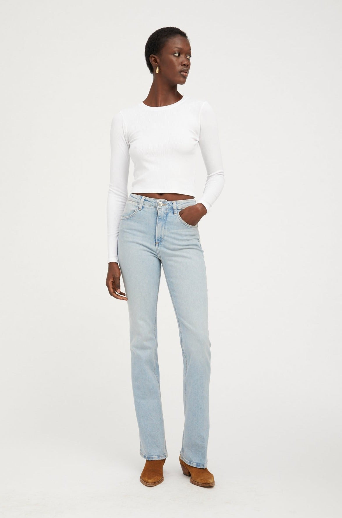 WHITE RIB CROPPED LONG SLEEVE BABY TEE - 2