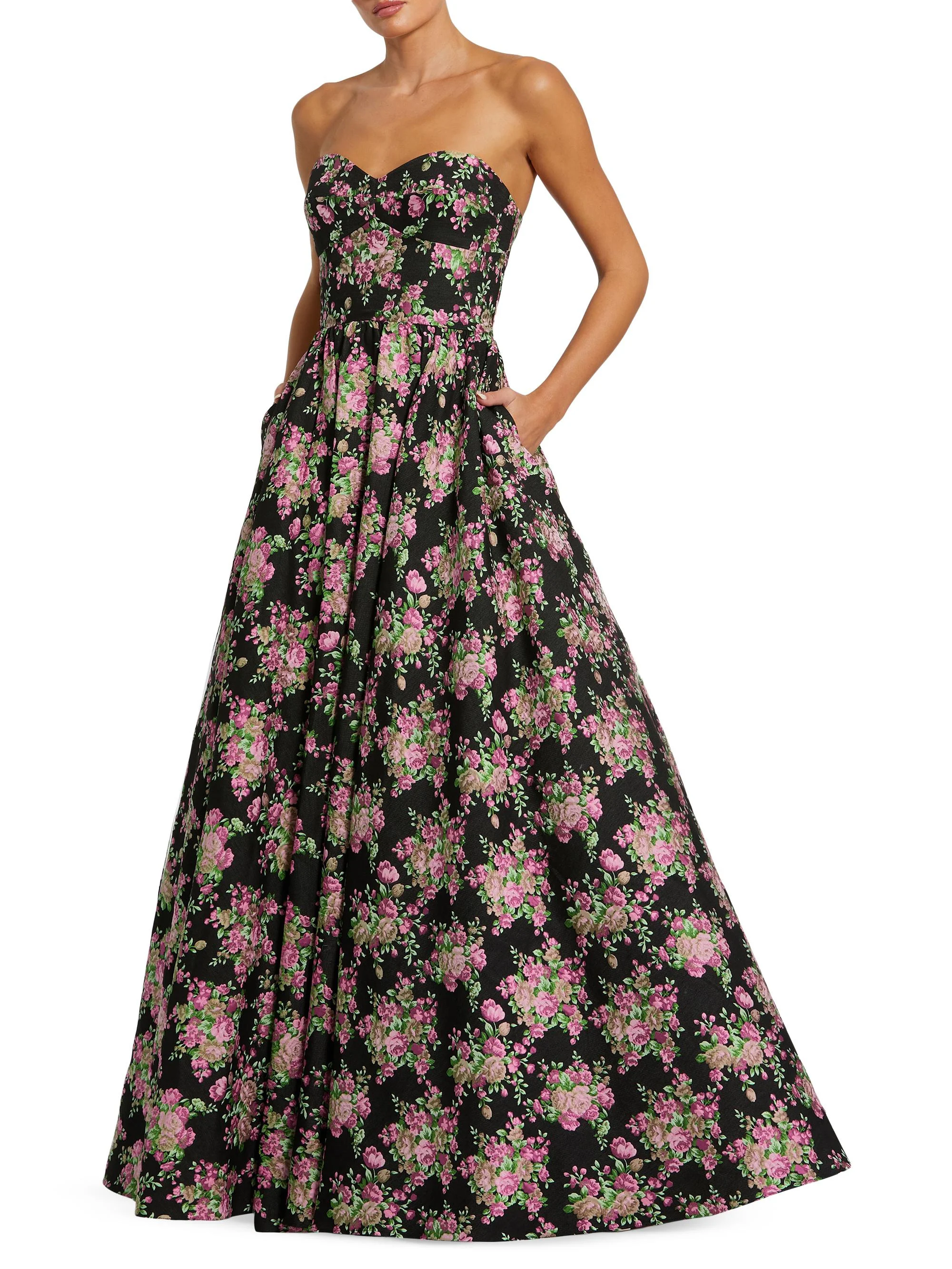 Women's Floral Brocade Strapless Ballgown - Black Multi - 1