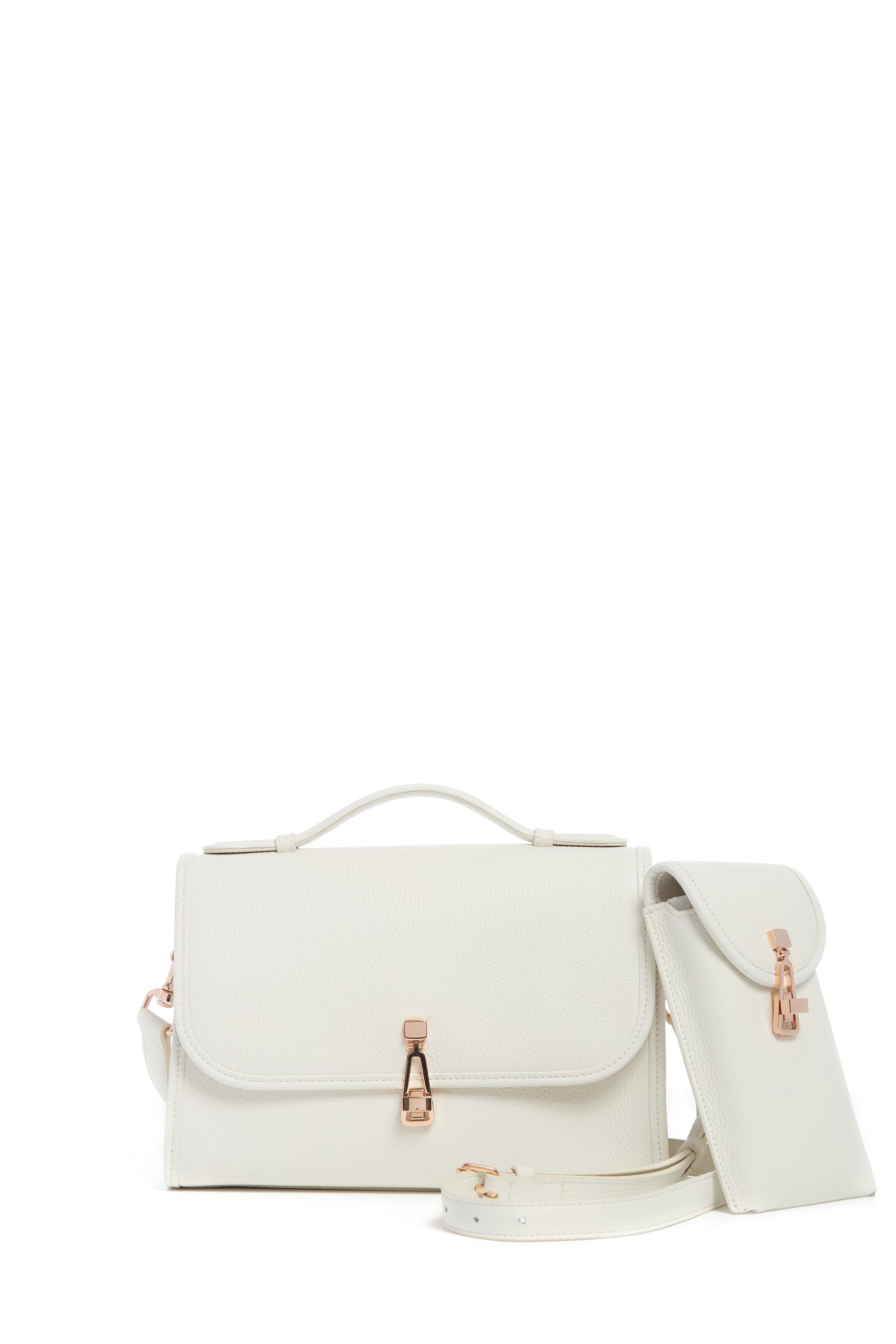 Medium Leonora Flap Bag in Ivory Textured Leather - 5