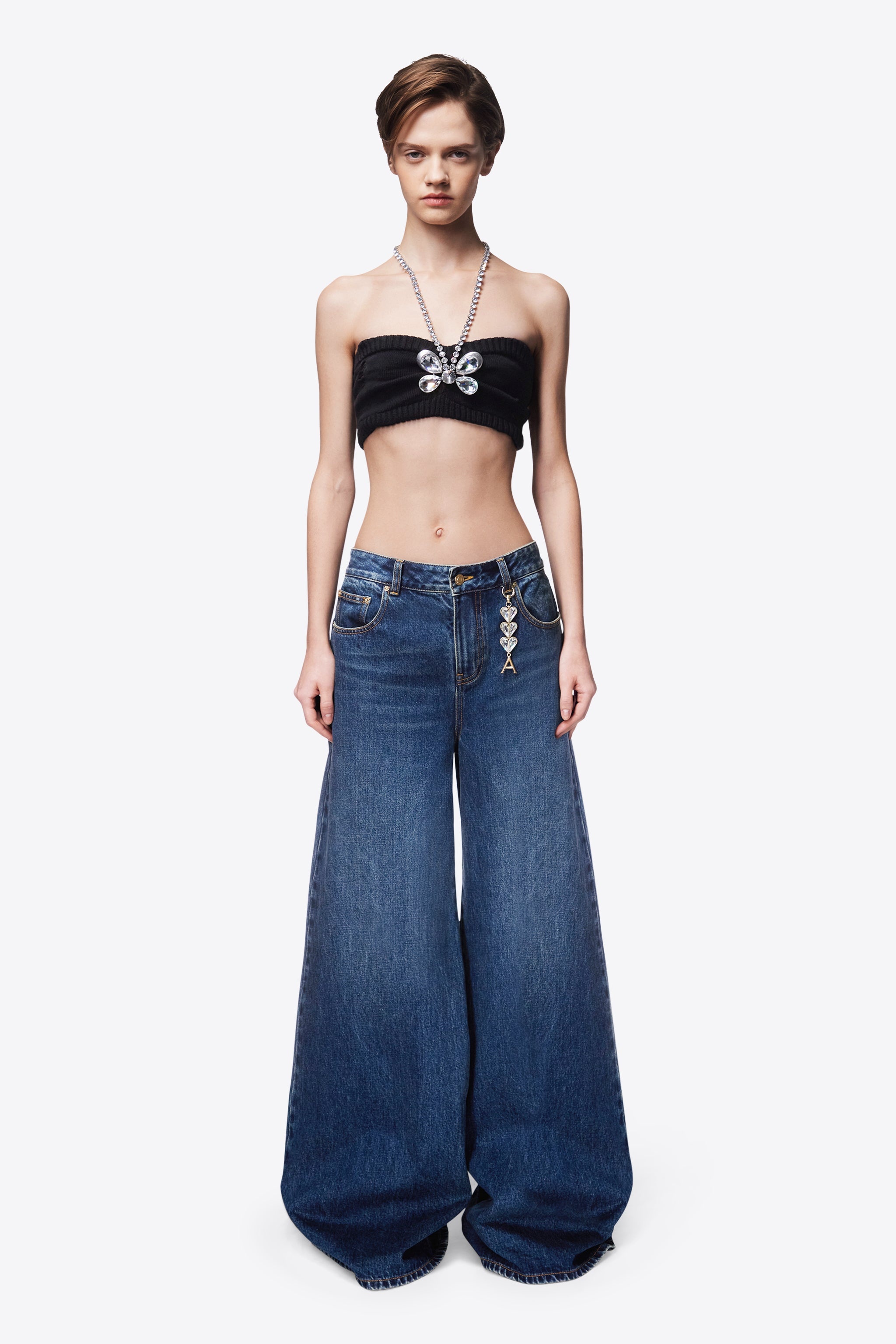 CRYSTAL HEART CHARM WIDE LEG JEAN - 4