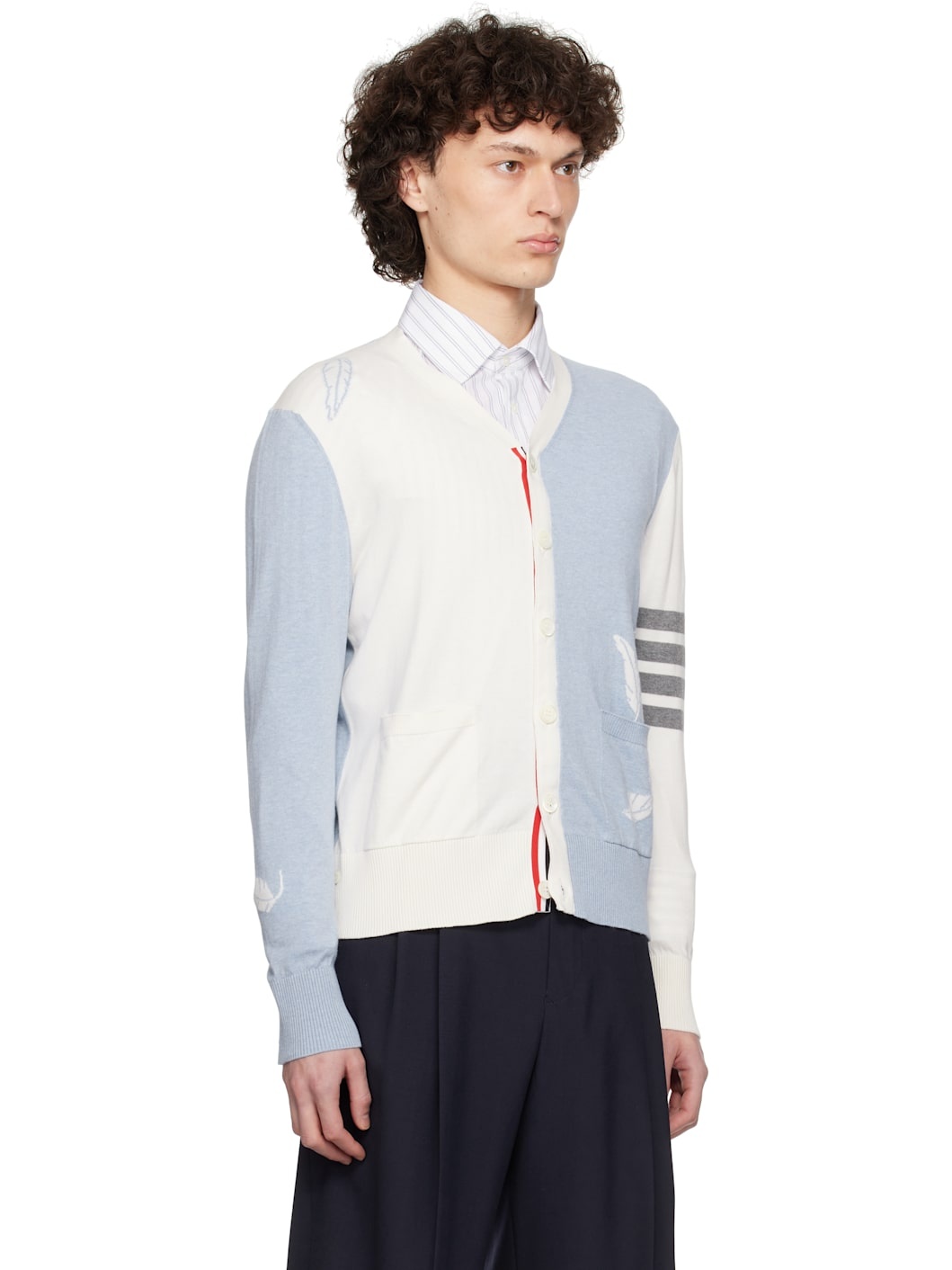 OFf-White & Blue Feather High V-Neck Cardigan - 2