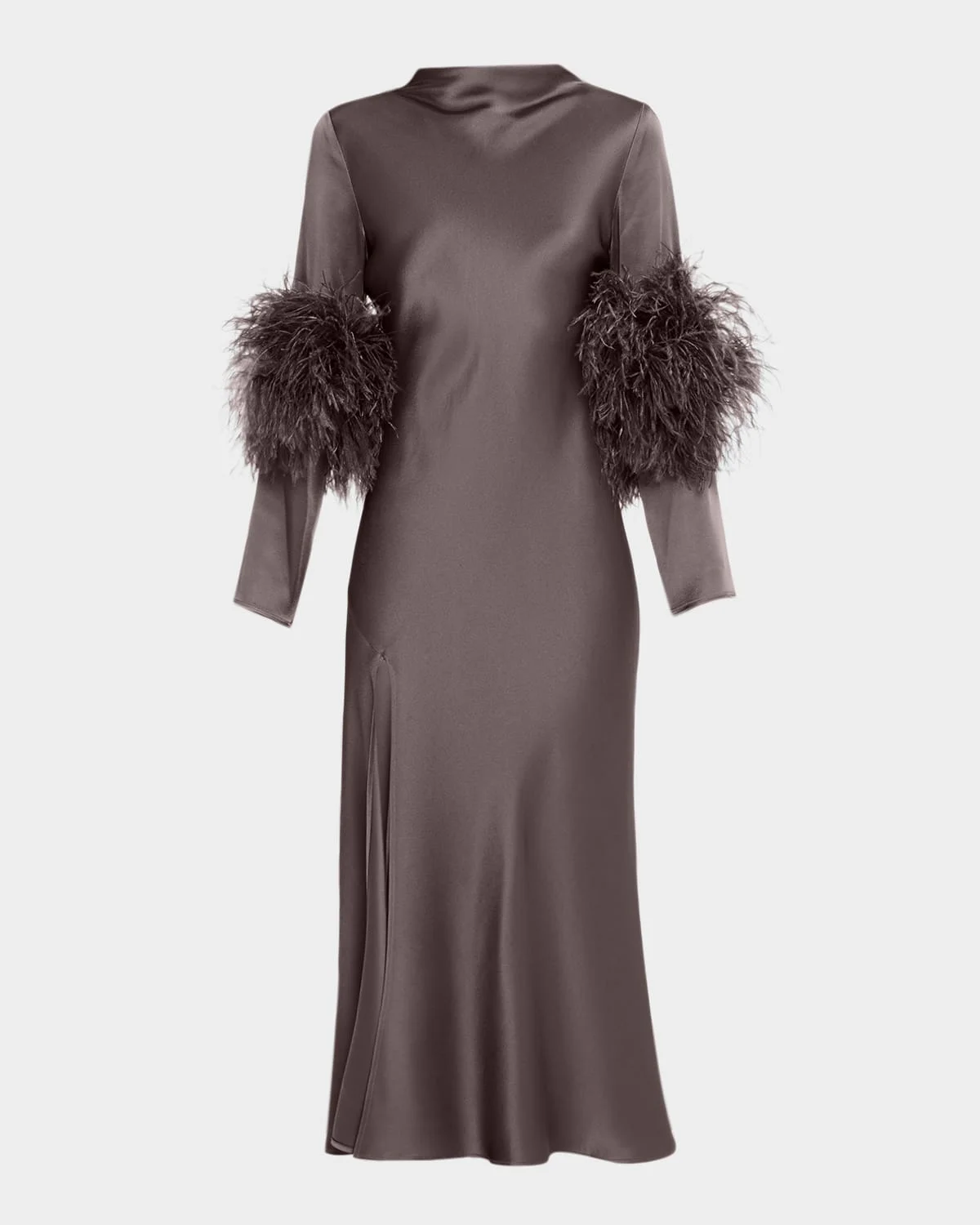 Feather-Trim Long-Sleeve Satin Bias Midi Dress - 1