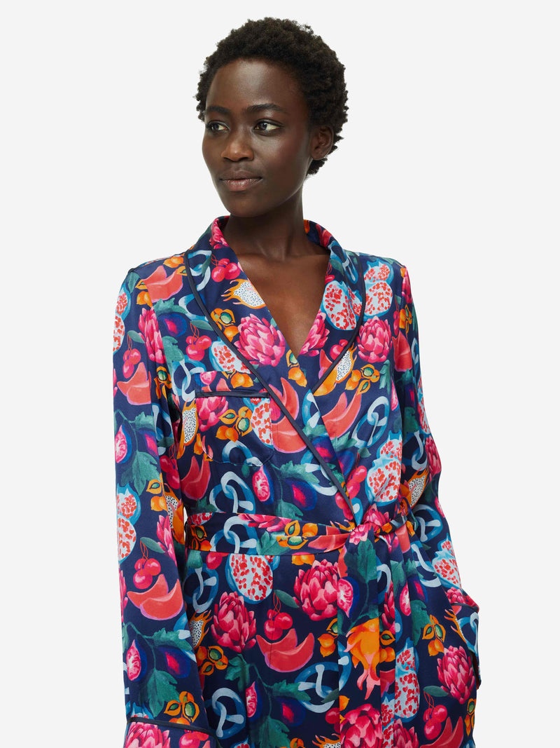 Women's Long Dressing Gown Brindisi 78 Silk Satin Navy - 6