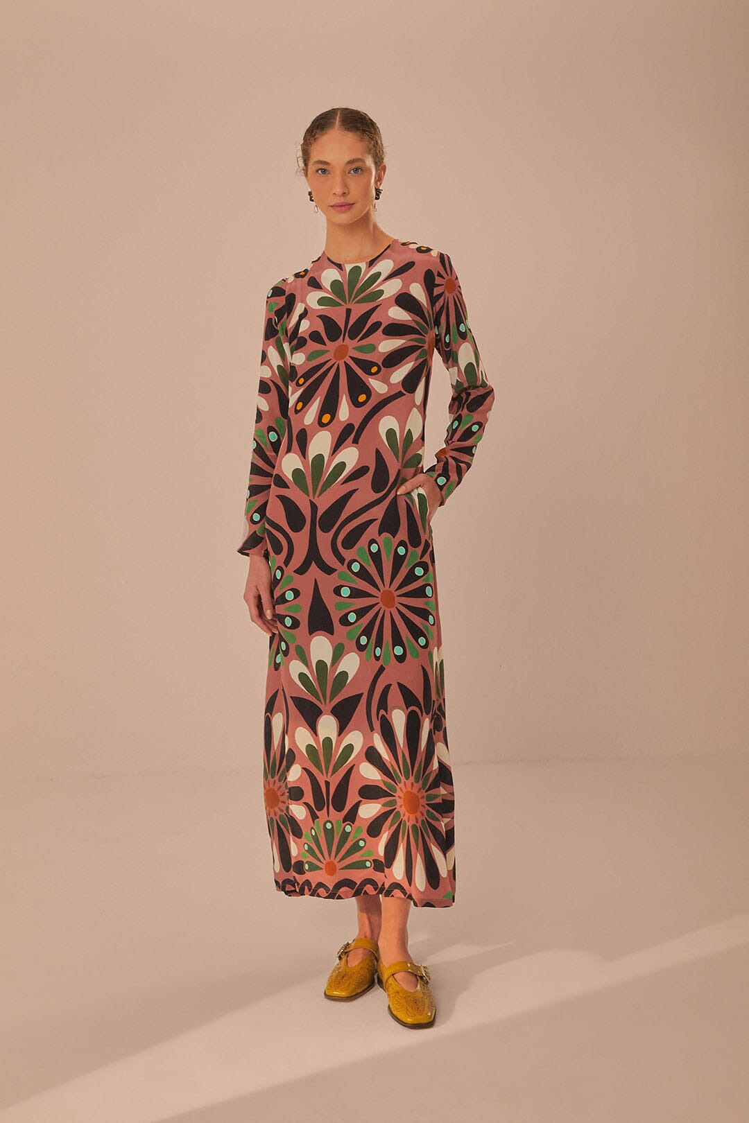 Pink Ainika Flowers Long Sleeve Maxi Dress - 1