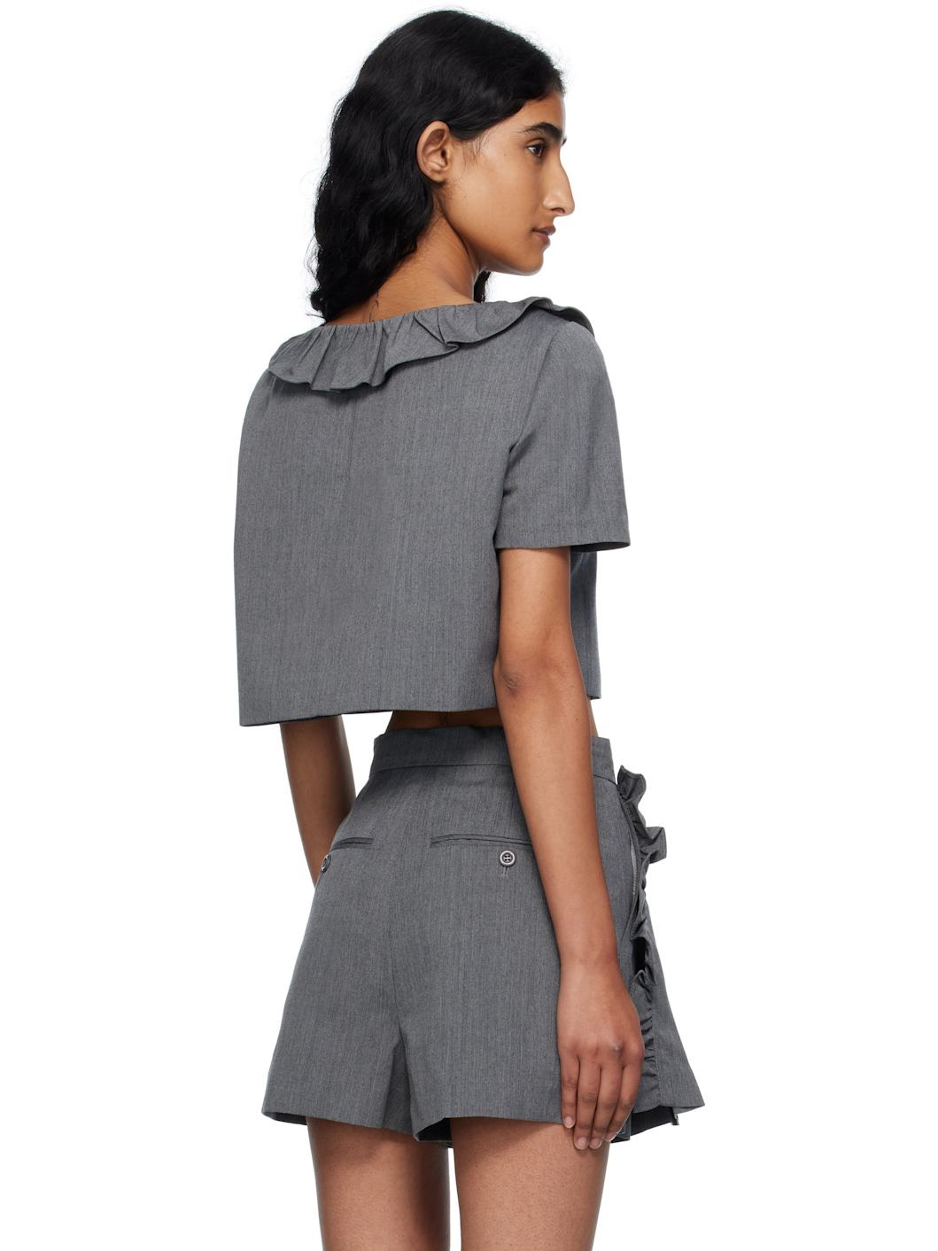 Gray Frilled Neck Cropped Top - 3
