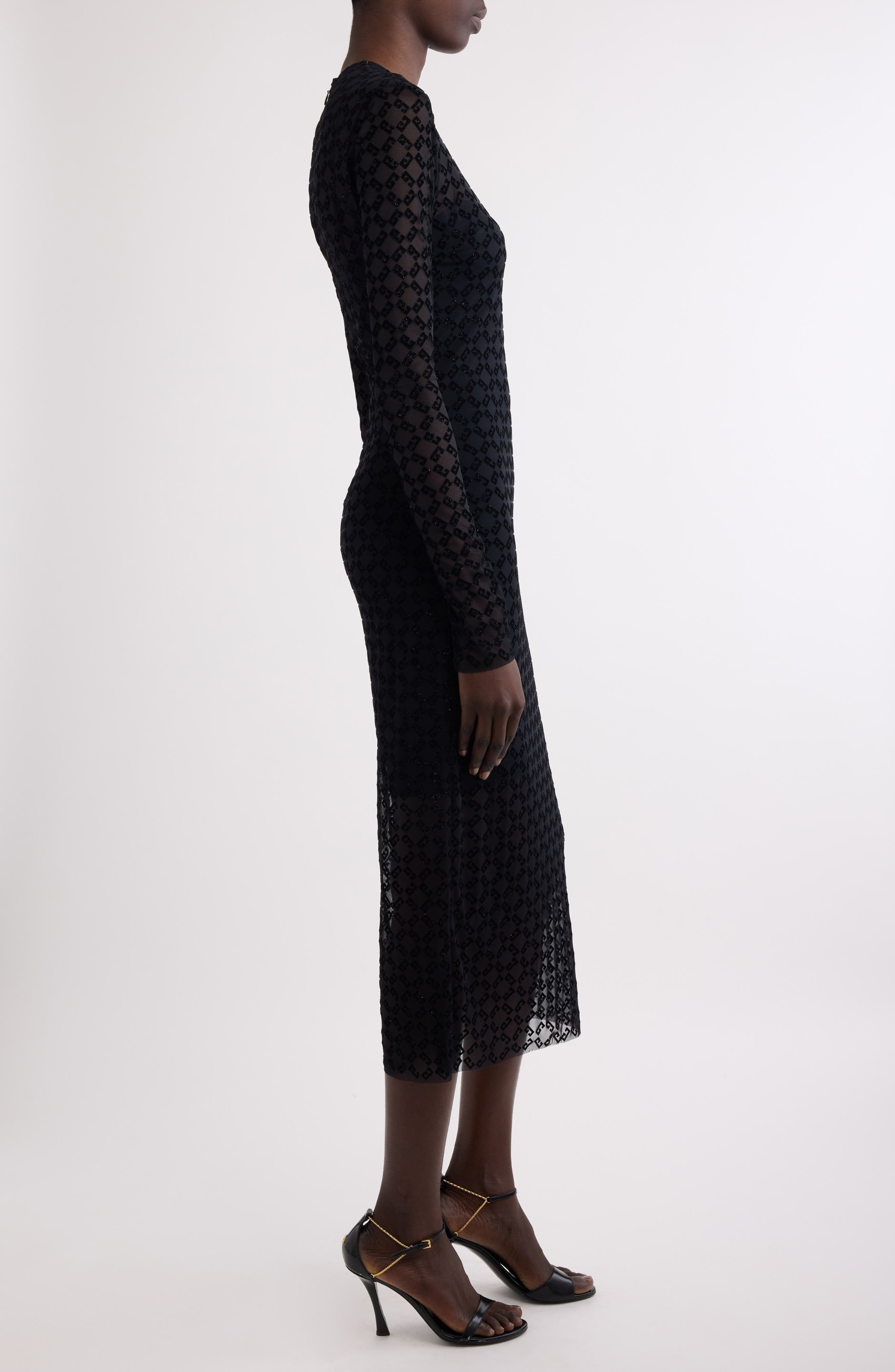Givenchy Monogram 72 Glitter Flocked Long Sleeve Mesh Dress in Black/Silvery at Nordstrom - 4