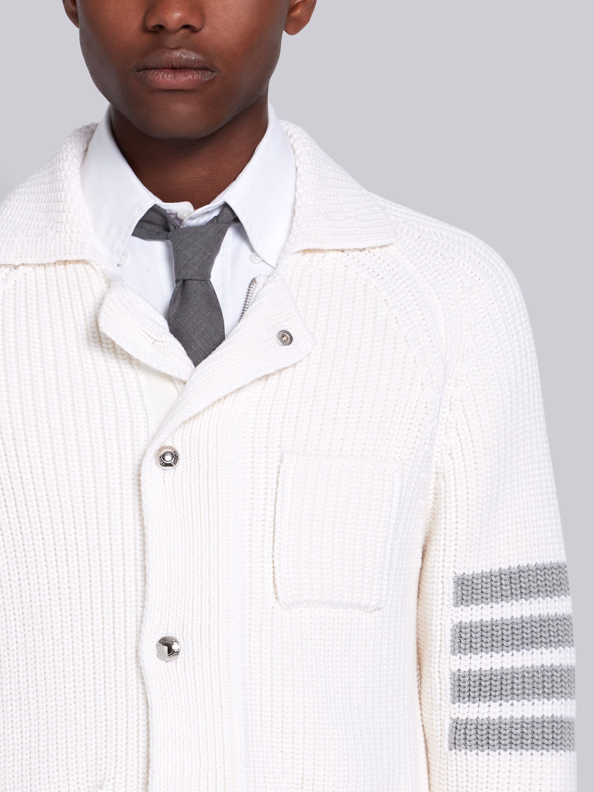 White Wool Cardigan Stitch 4-bar Jacket  - 5