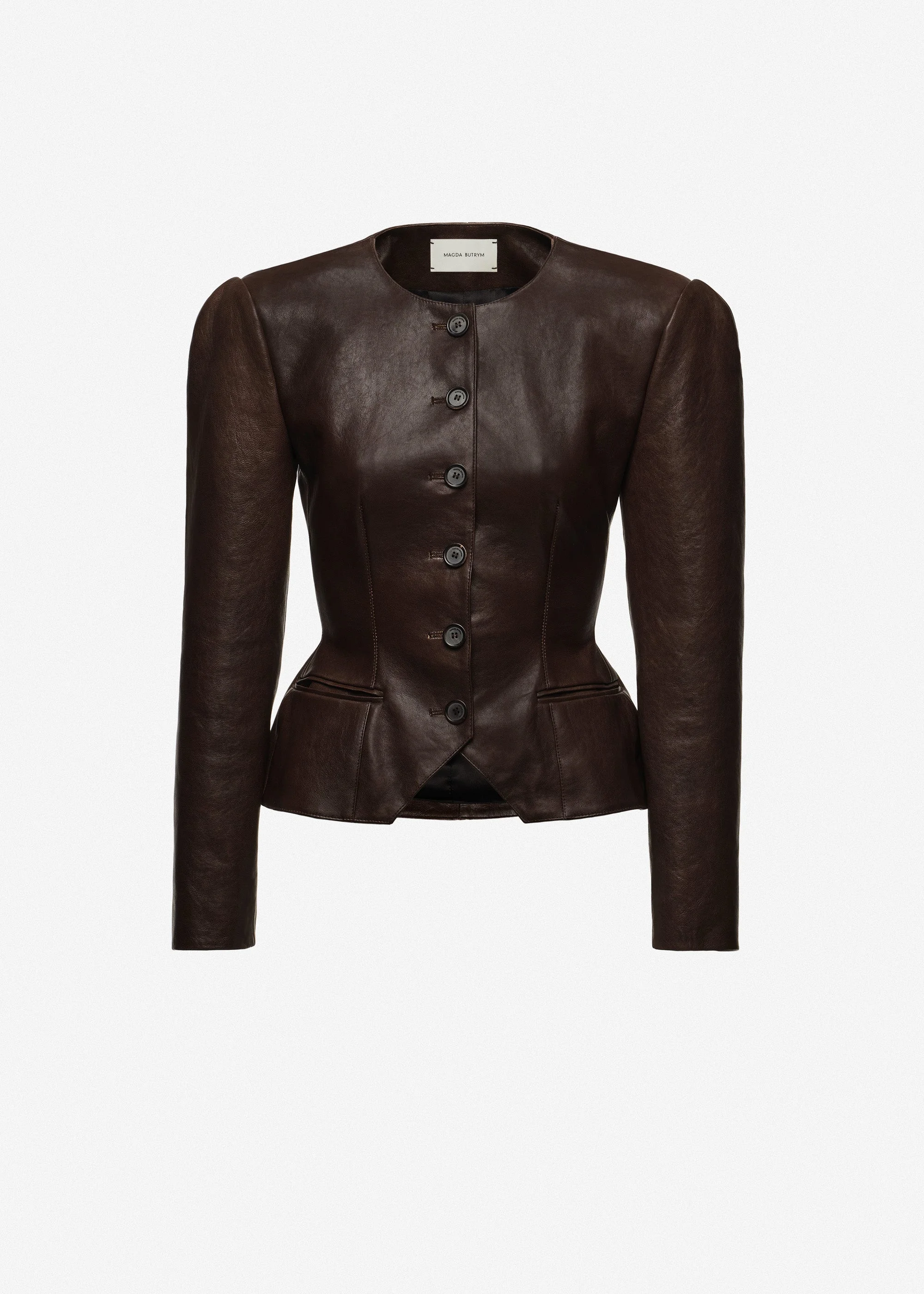 Fitted leather peplum jacket in brown - 1