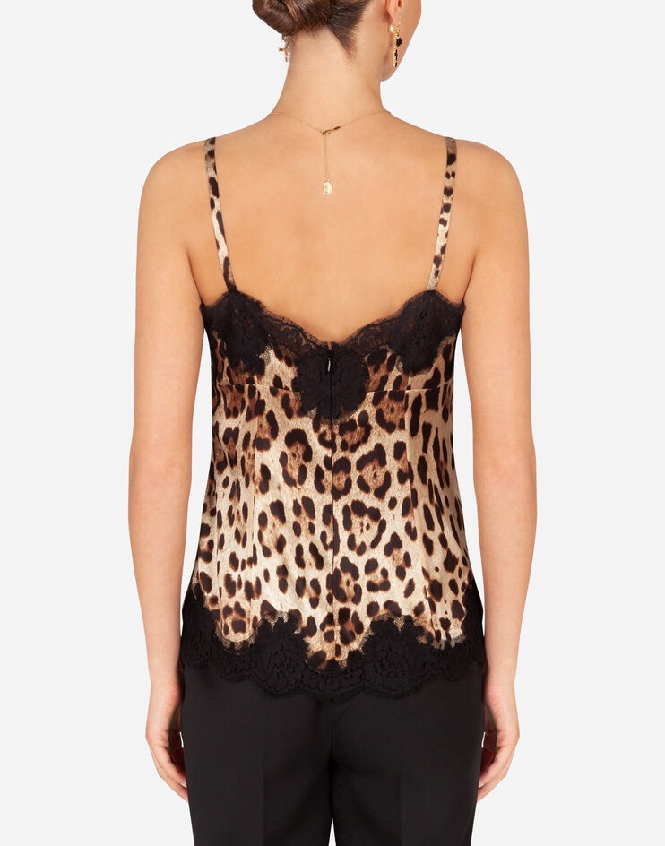 Satin top in leopard print with shoulder straps and lace detail - 2