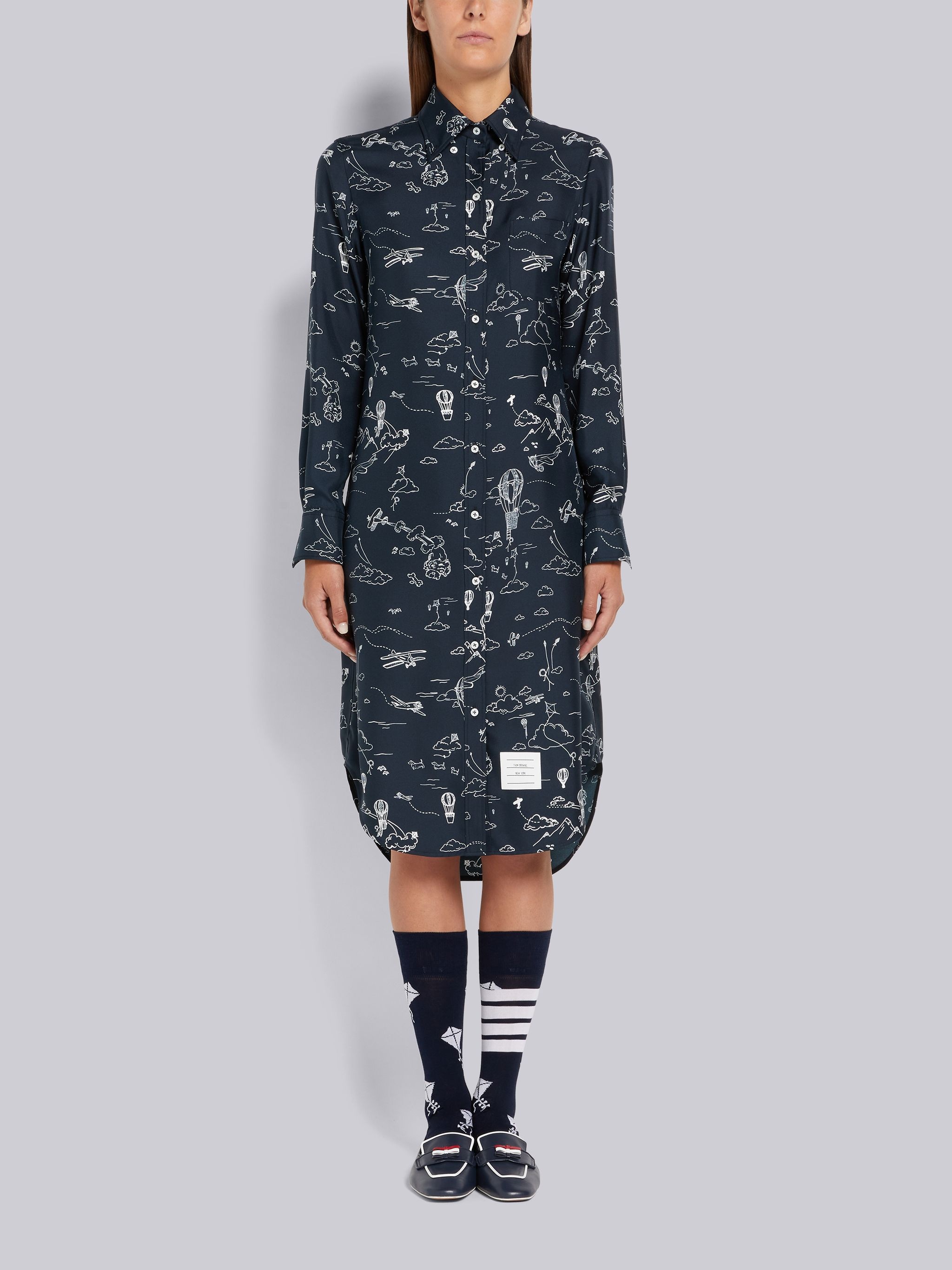 Navy Sky Toile Printed Silk Twill Point Collar Knee Length Shirtdress - 1