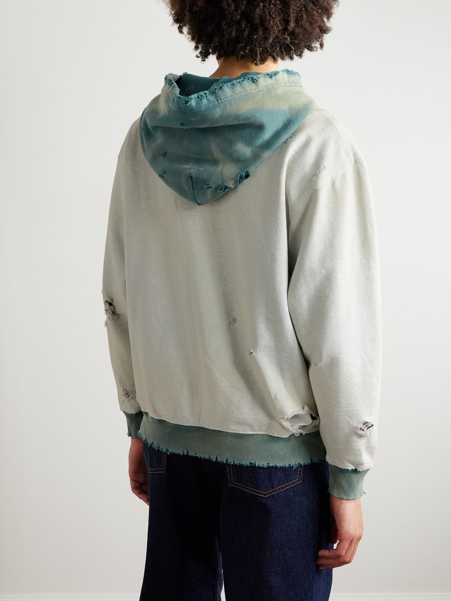 Savage Printed Distressed Cotton-Jersey Hoodie Blue - 3