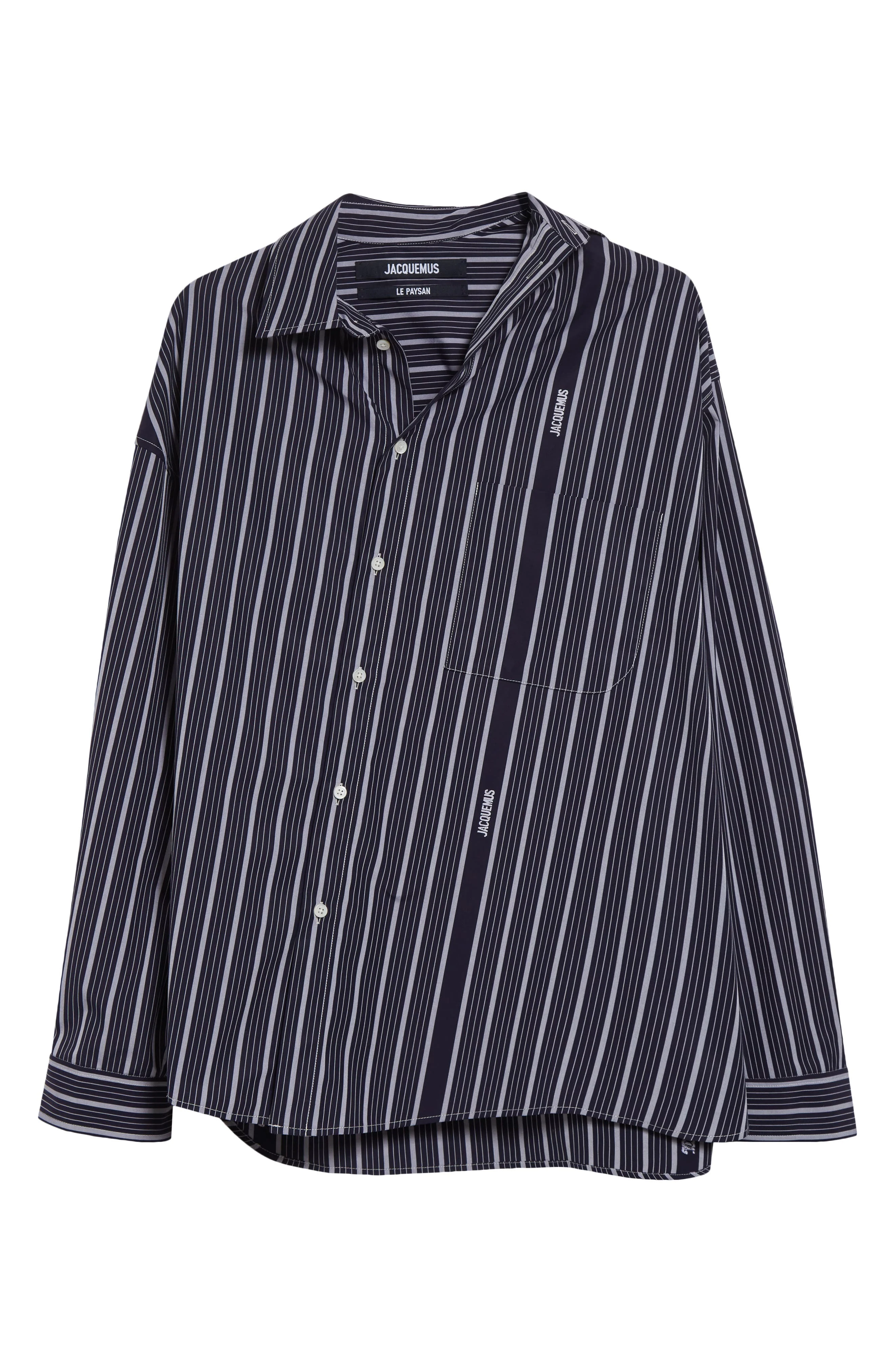 Jacquemus La Chemise Cuadro Asymmetric Button-Up Shirt in Business Logo Stripes Navy at Nordstrom - 1