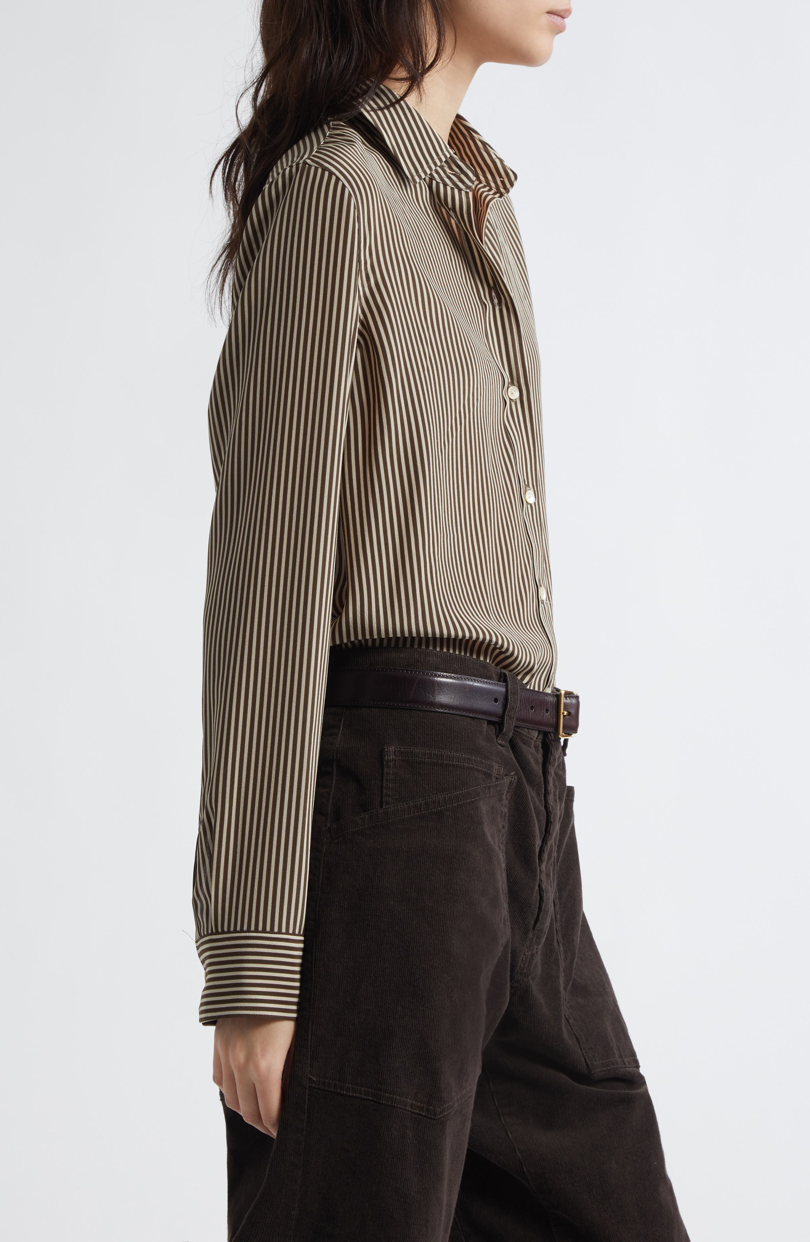 Nili Lotan Gaia Slim Fit Silk Shirt in Chocolate Stripes at Nordstrom - 3