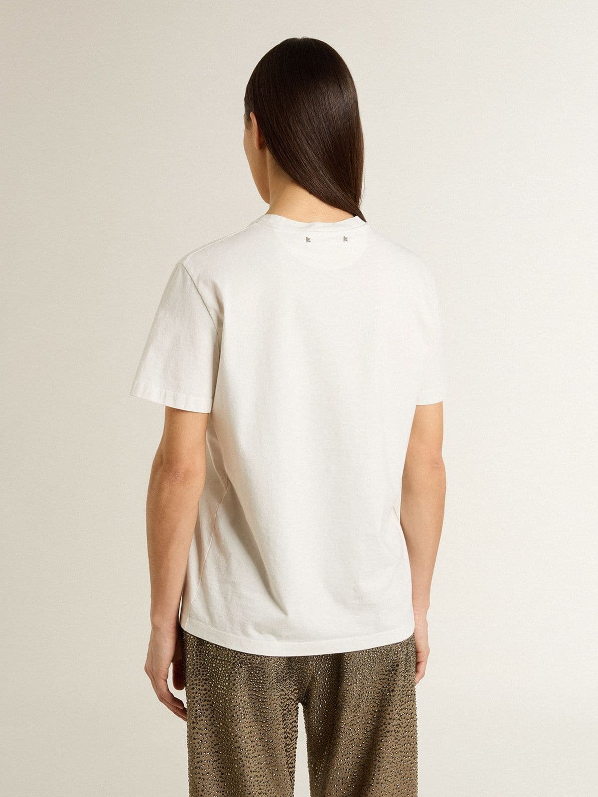 Women's white T-shirt with black print on the chest - 4
