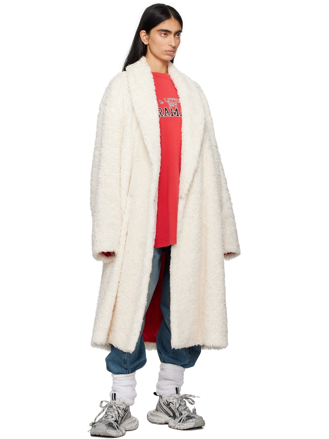 Off-White Cotton Long Faux-Fur Coat - 4