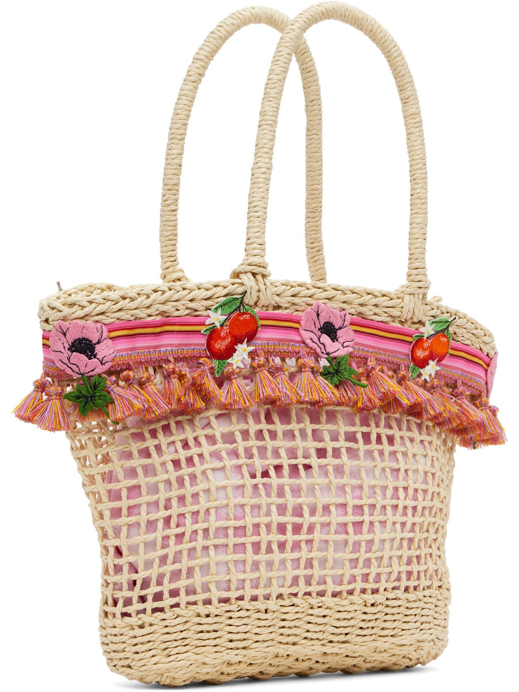 Beige & Pink Raffia Tassel Bag - 3