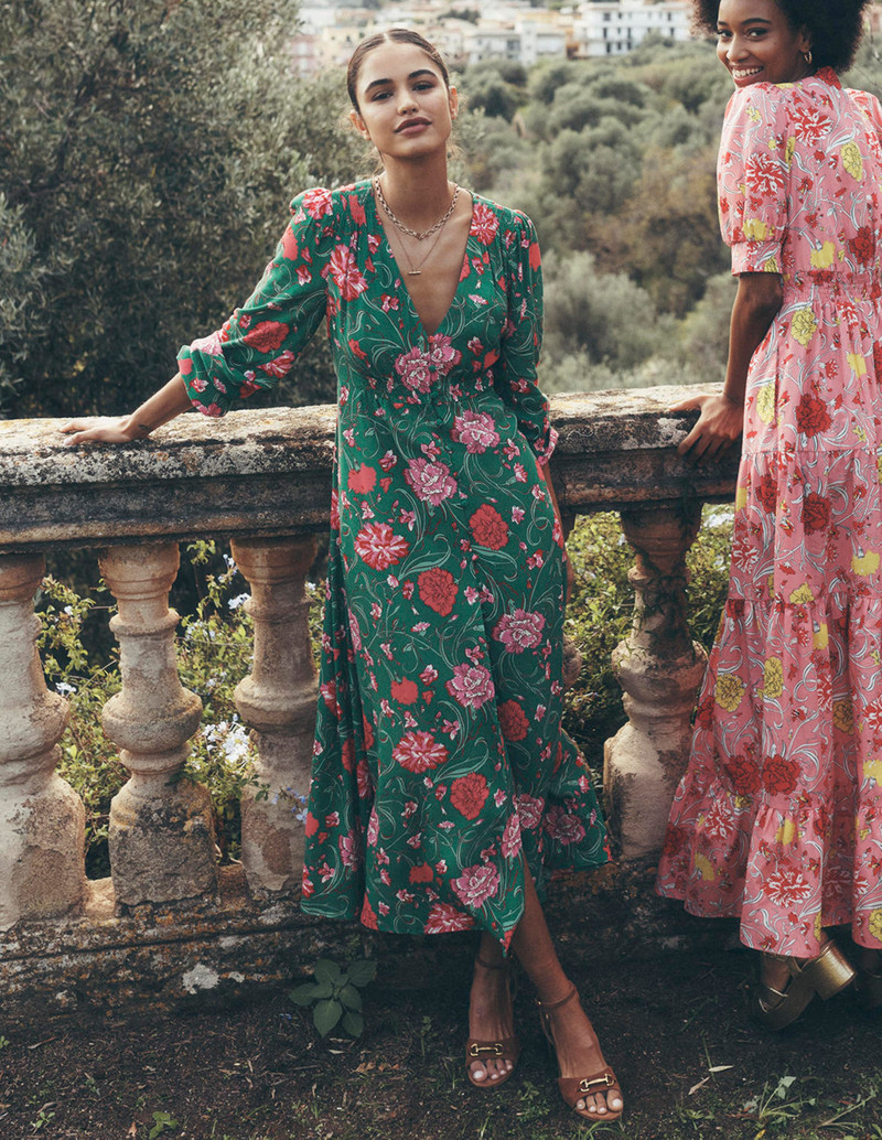 Cynthia Button Tea Dress-Rich Emerald, Carnation Vine 7
