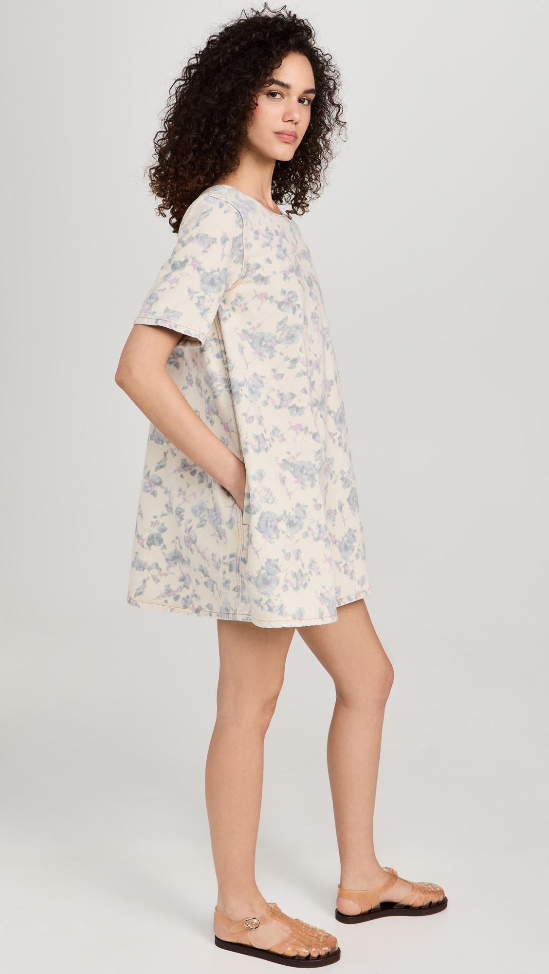 Floral Printed Denim Open Back Mini Dress - 4