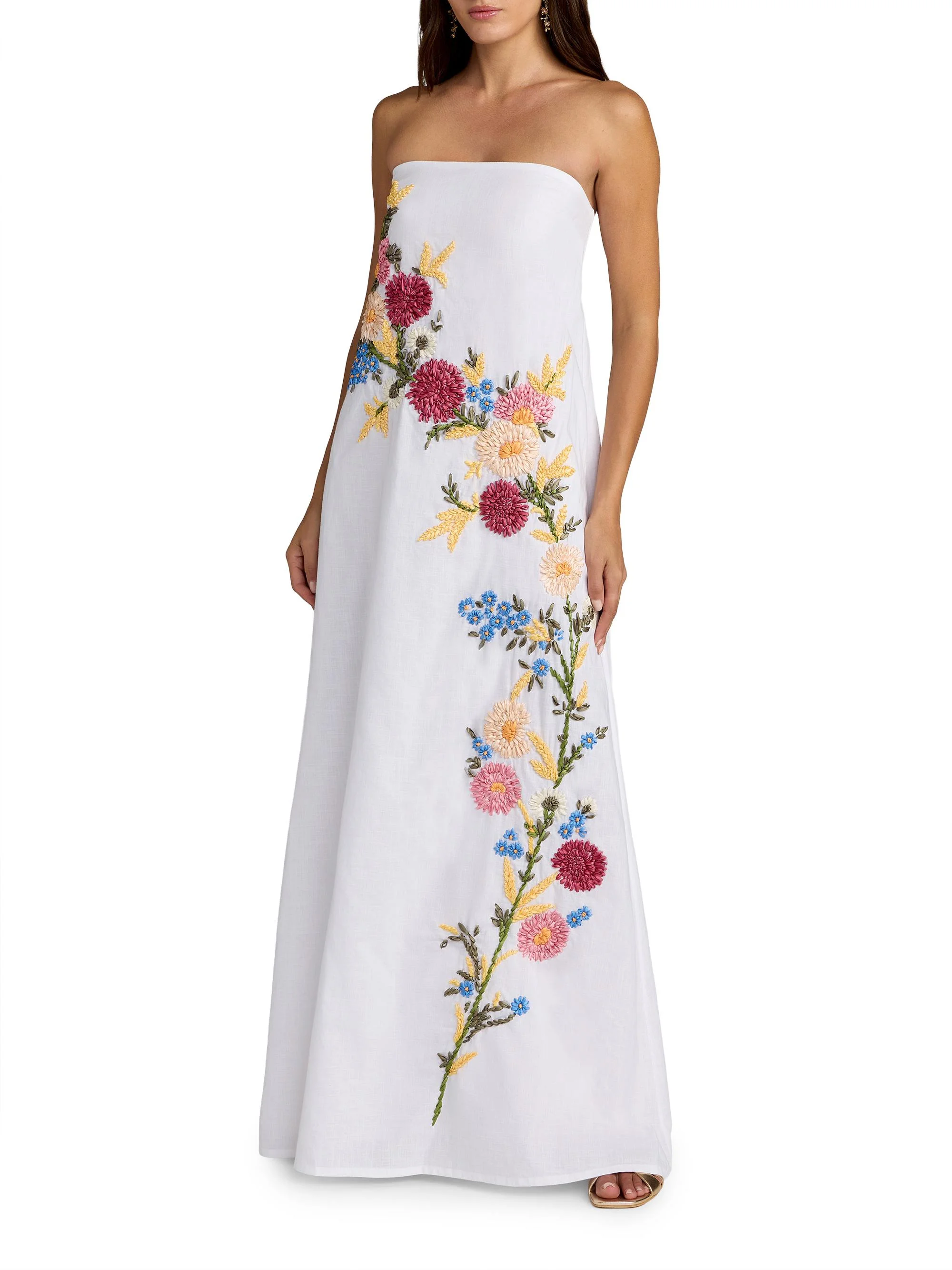 Women's Floral Embroidered Linen Strapless Trapeze Gown - White Multi - 1