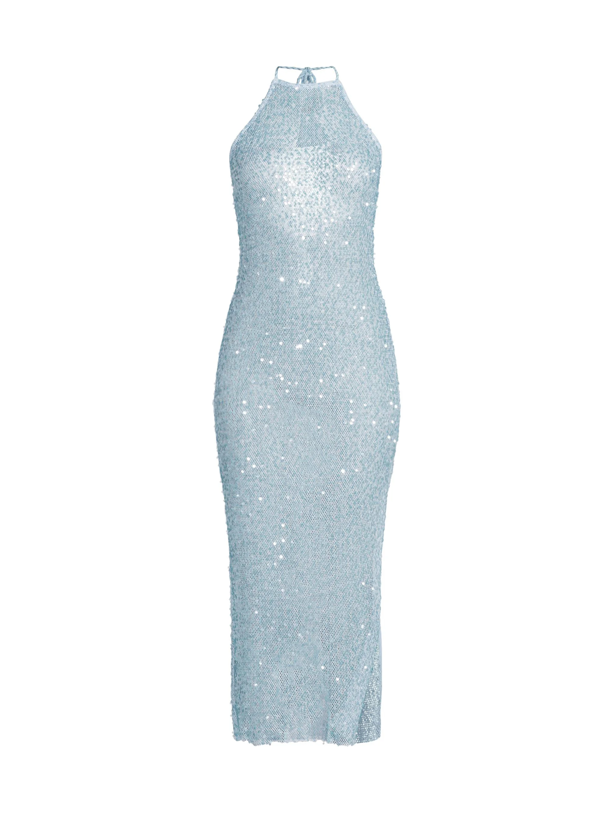 Women's Sequined Mesh Halterneck Dress - Blue - 1