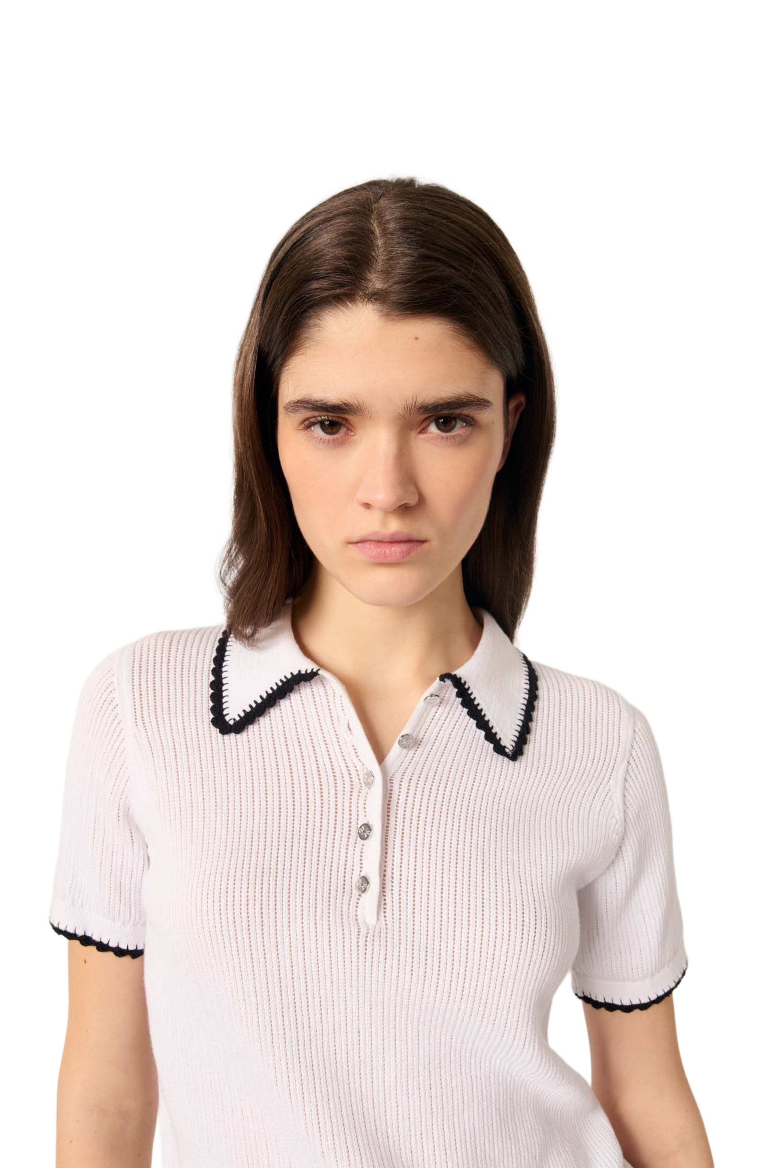 maje Pointelle knit crochet polo shirt in White /Black at Nordstrom - 6