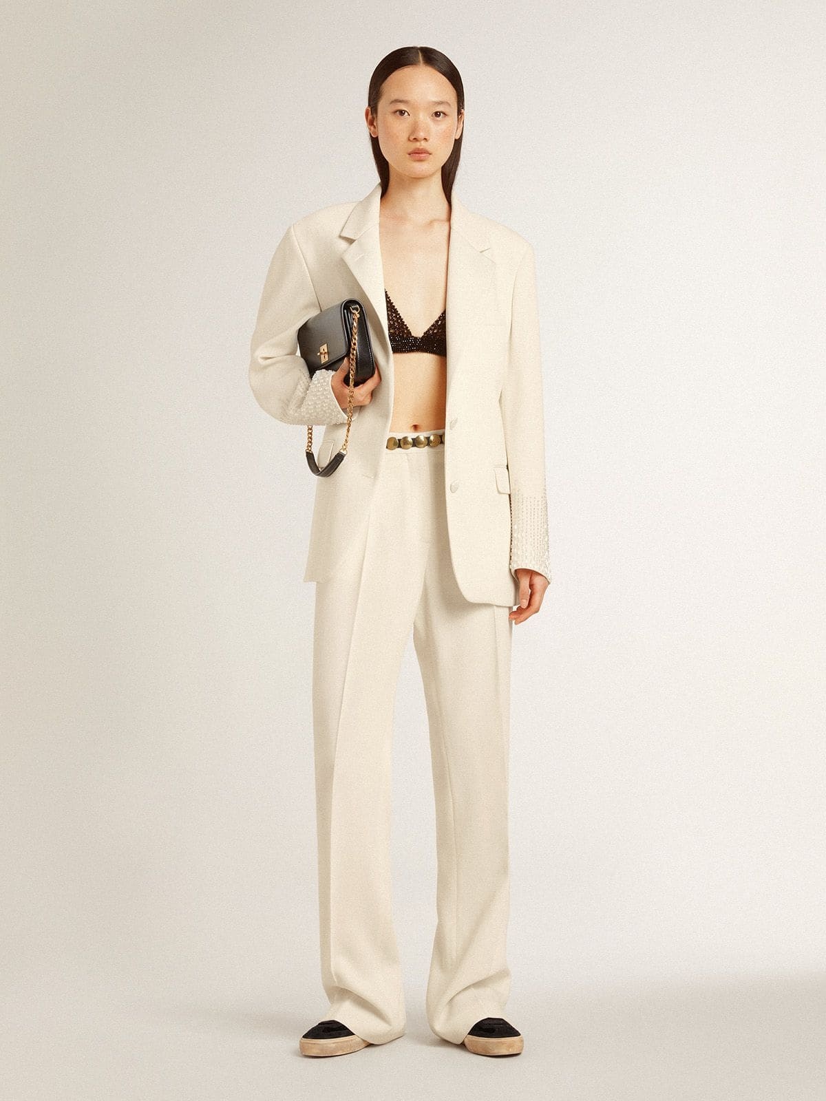 Women's loose pants in worn-white tailored fabric - 3