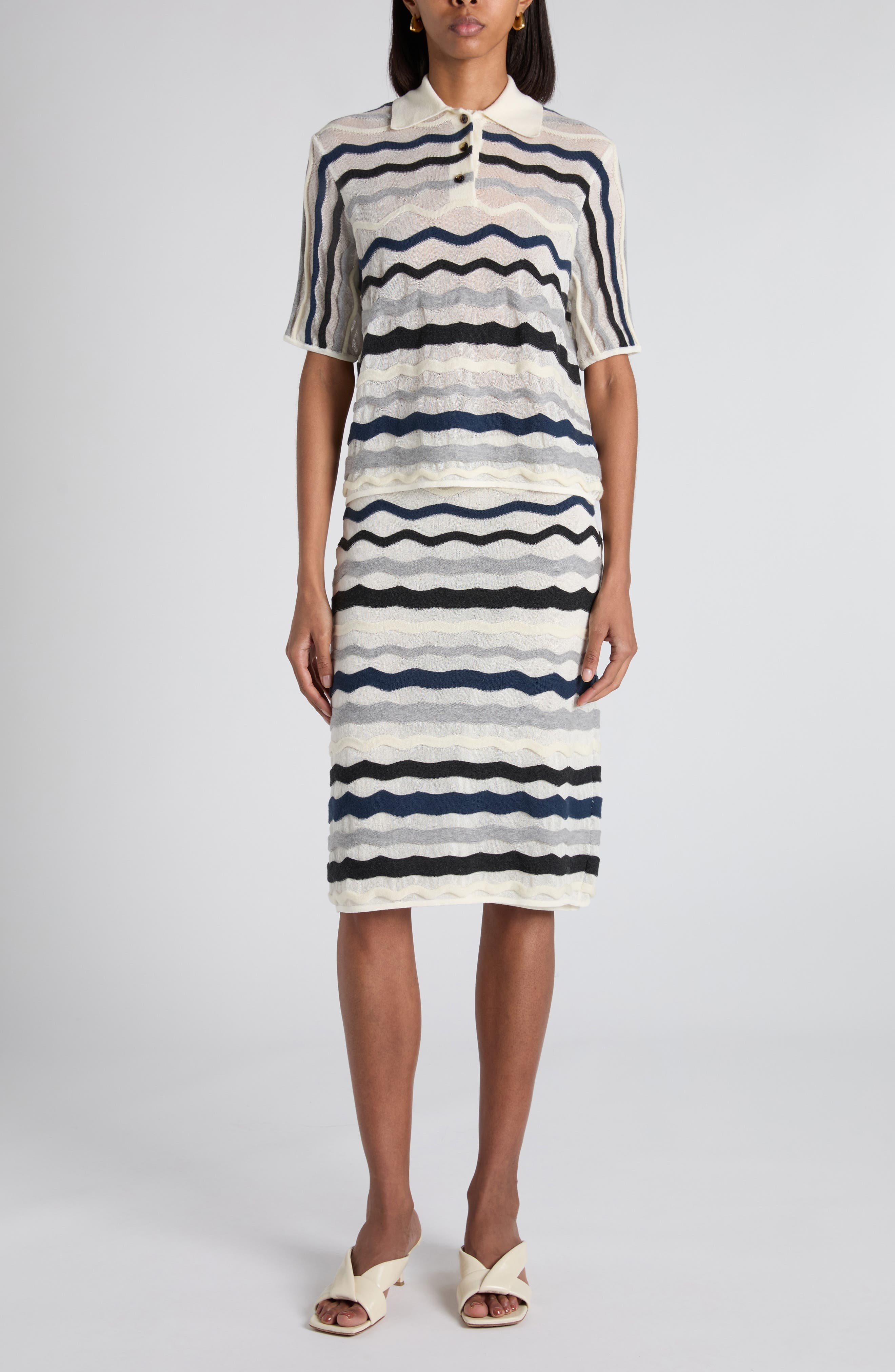 Bottega Veneta Layered Chevron Stripe Wool Blend Polo Sweater in Chalk Wave Grey at Nordstrom - 2