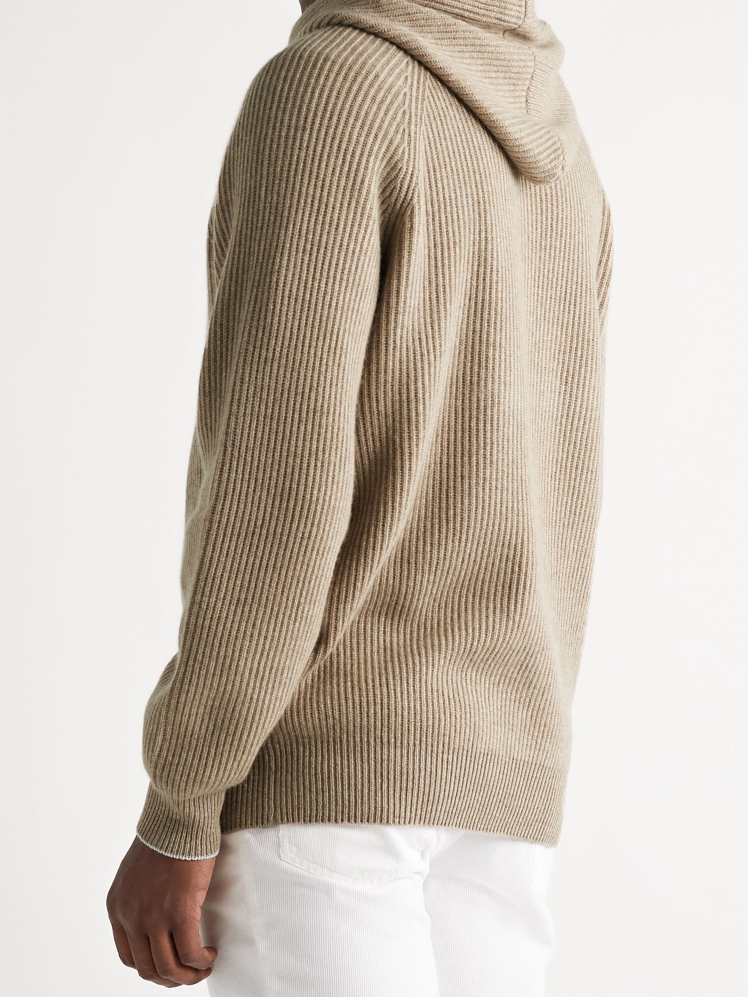 Contrast-Tipped Ribbed Cashmere Hoodie - 4