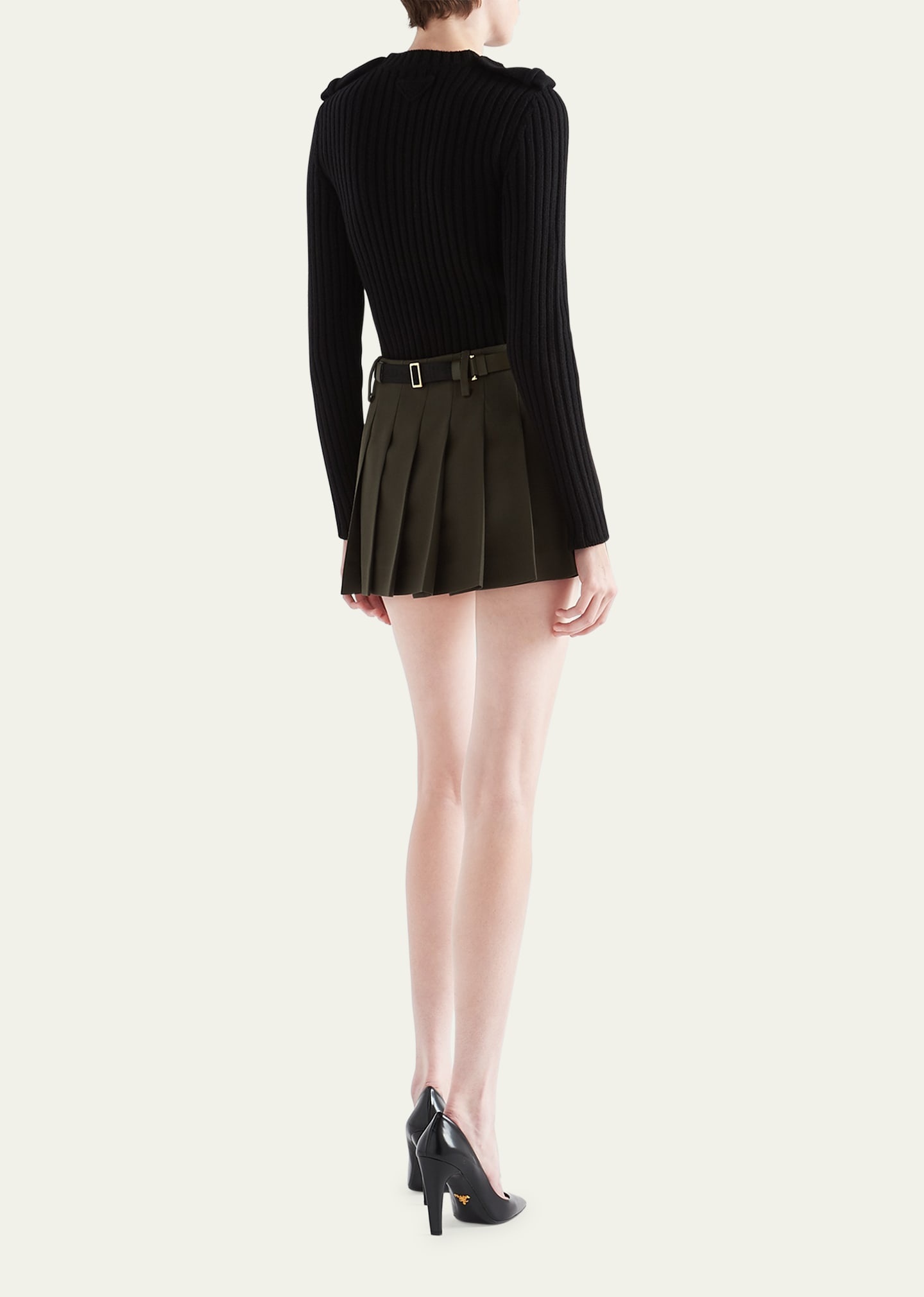 Pleated Gabardine Leather Belted Mini Skirt - 3