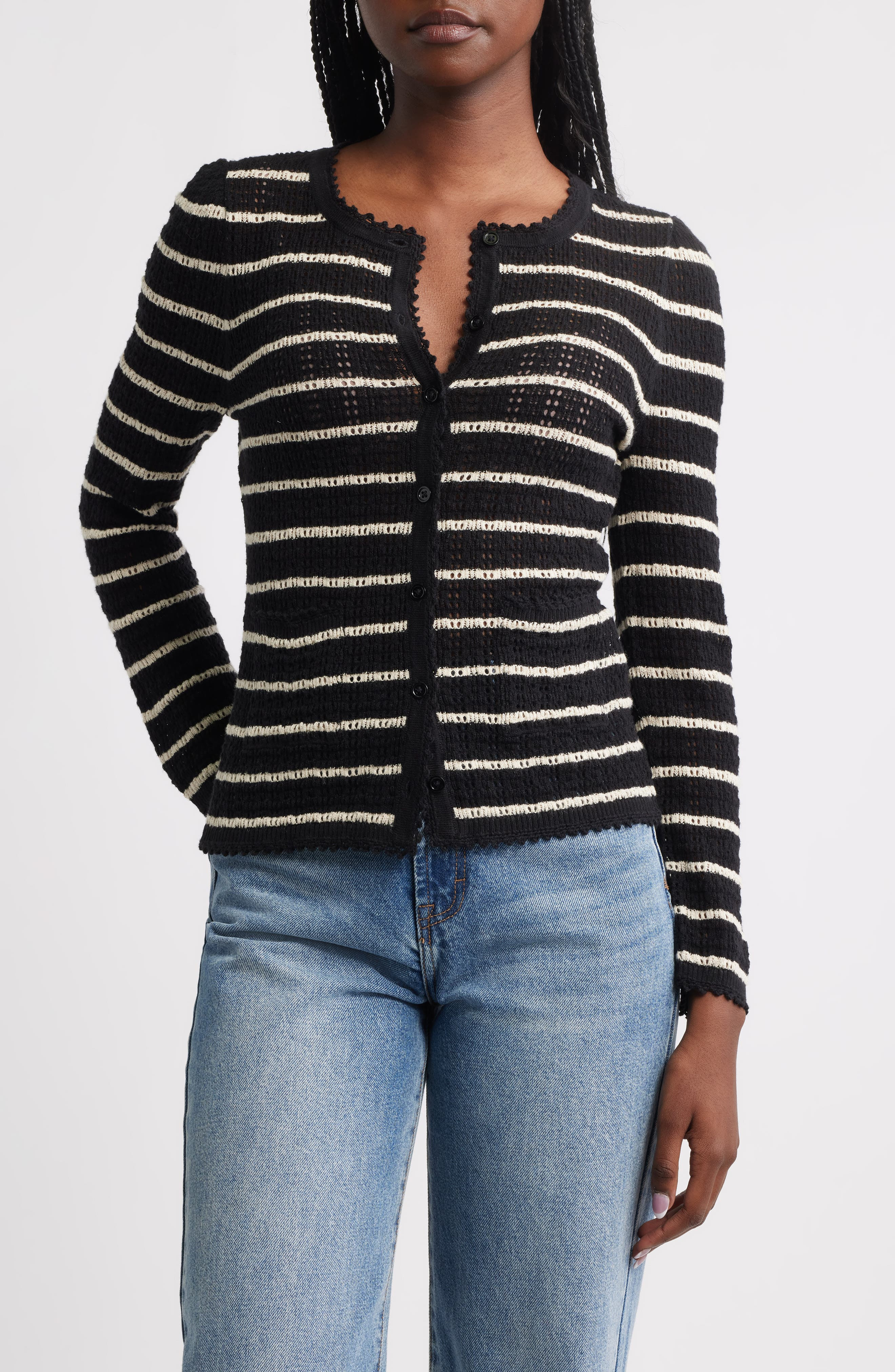 DÔEN Therese Stripe Open Knit Pima Cotton & Silk Cardigan in Noir Allaire Stripe at Nordstrom - 1