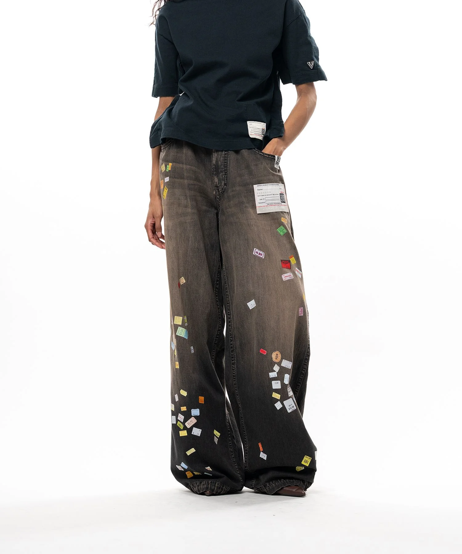 Price Tag Sticker Printed Wide Denim Pants - 1