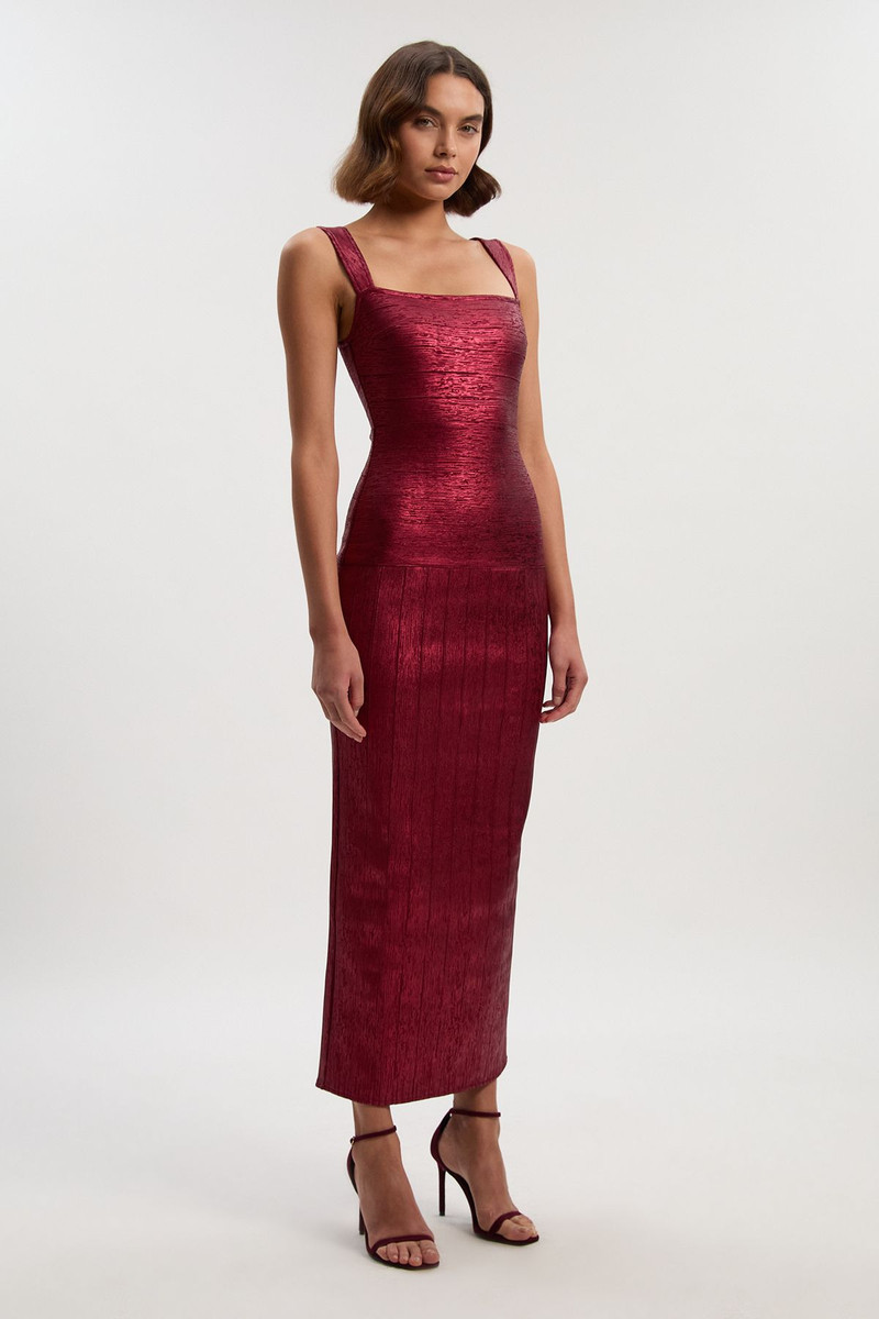 KAREN MILLEN Foil Metallic Figure Form Bandage Strappy Knit Maxi Dress outlook