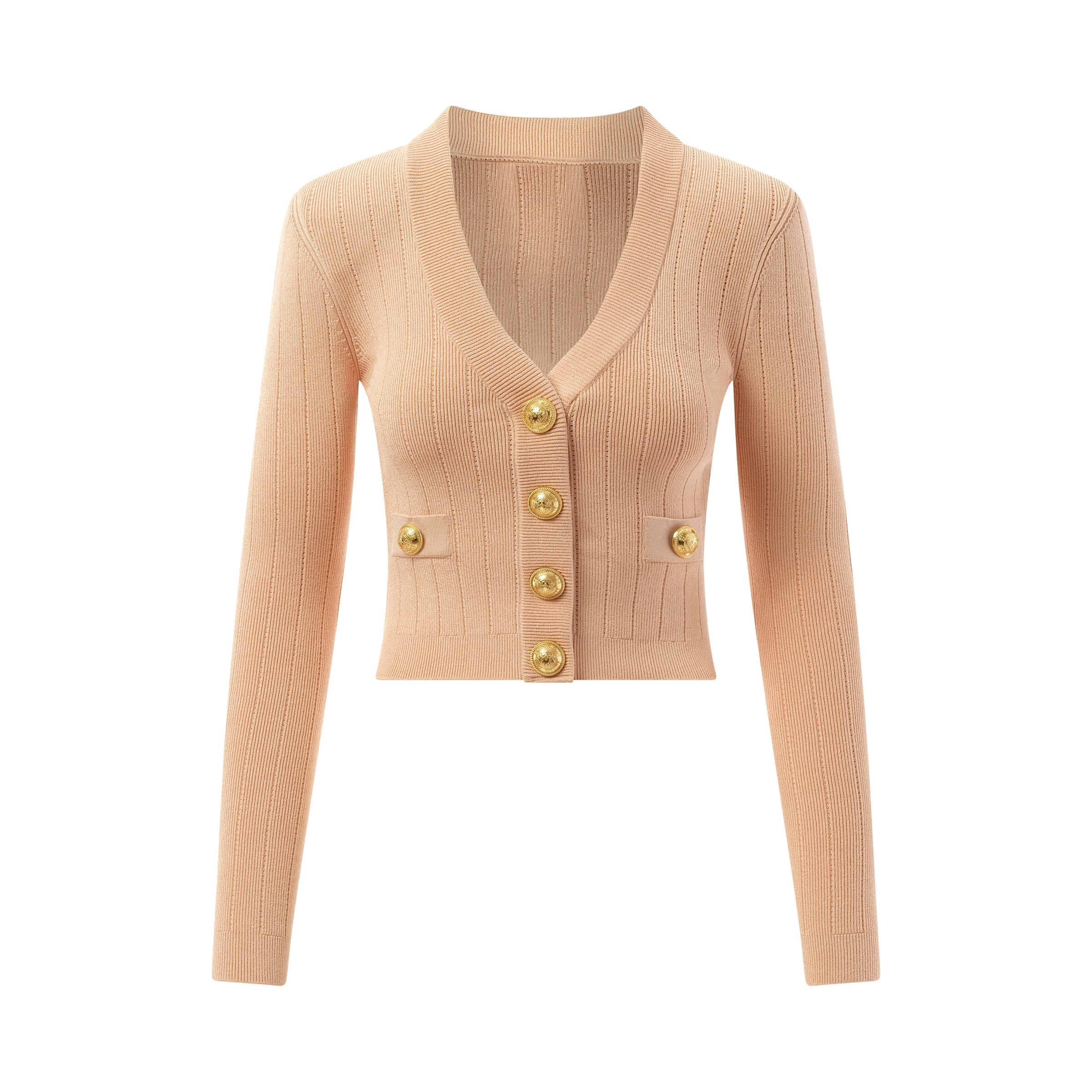 V-Neck 2 Pockets Buttoned Knit Cardigan in Nude Rose - 2
