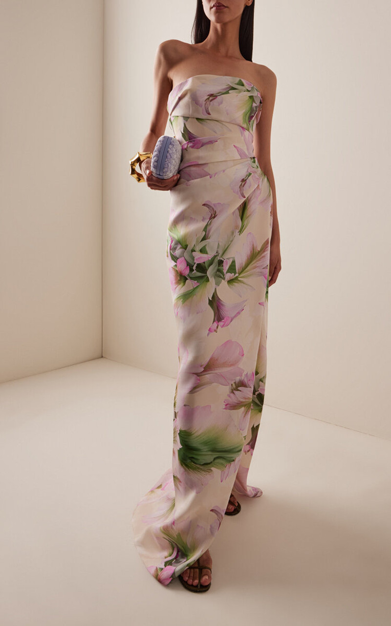 Monique Lhuillier Floral-Print Ruched Silk Gown multi outlook