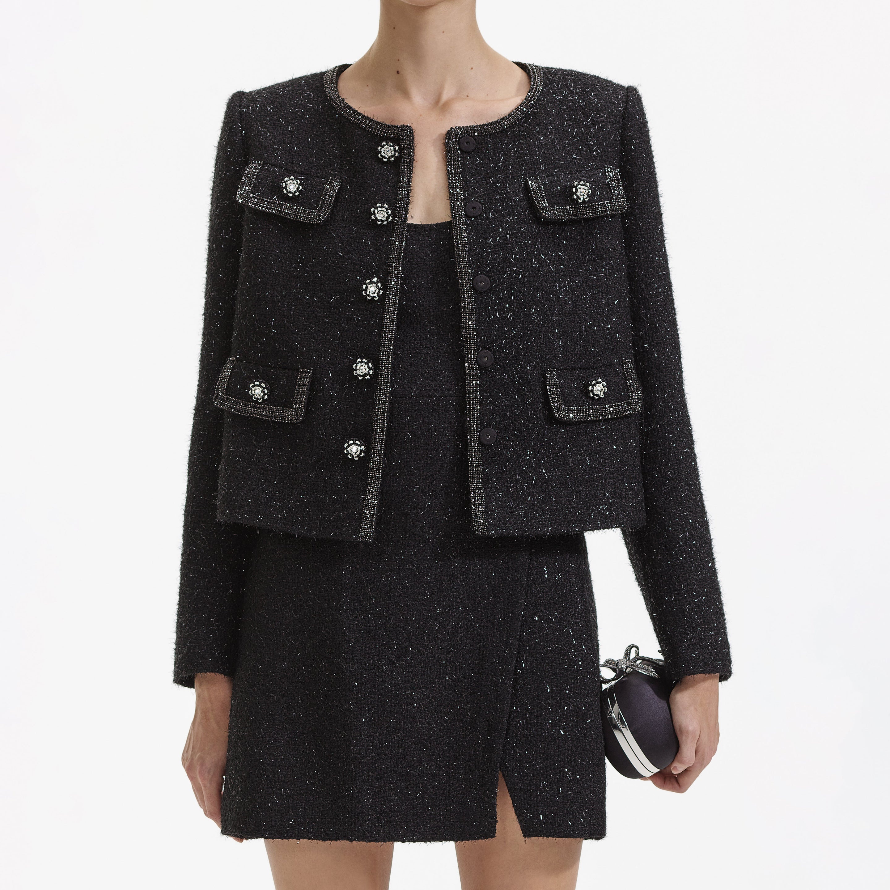 Black Boucle Trimmed Jacket - 5