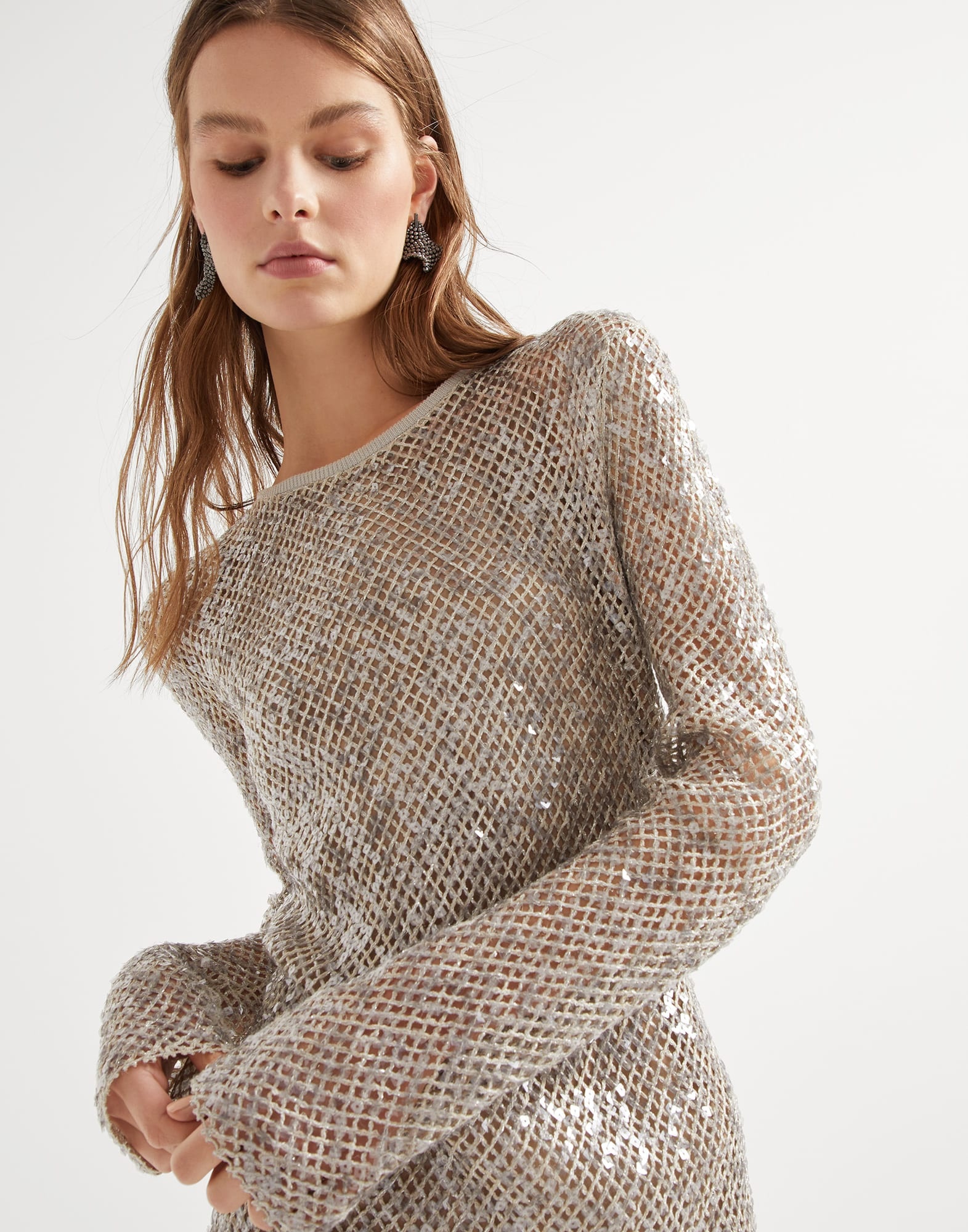 BRUNELLO CUCINELLI★Paillette Cashmere Silk Sweater Dress Brunello Cucinelli Paillette Net Knit Long-Sleeve Maxi Dress