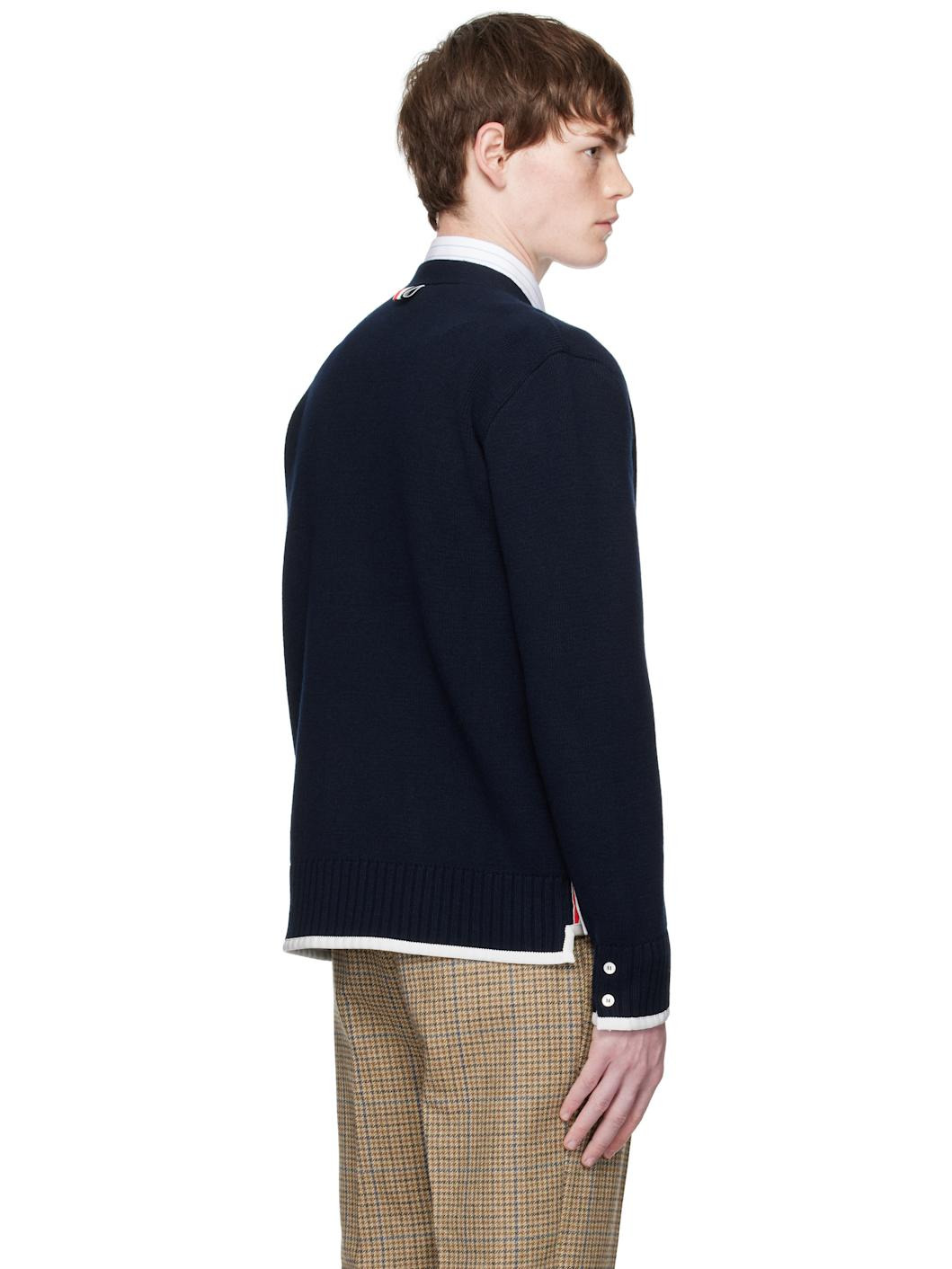 Navy Milano Stitch Merino Wool 4-Bar V-Neck Cardigan - 3