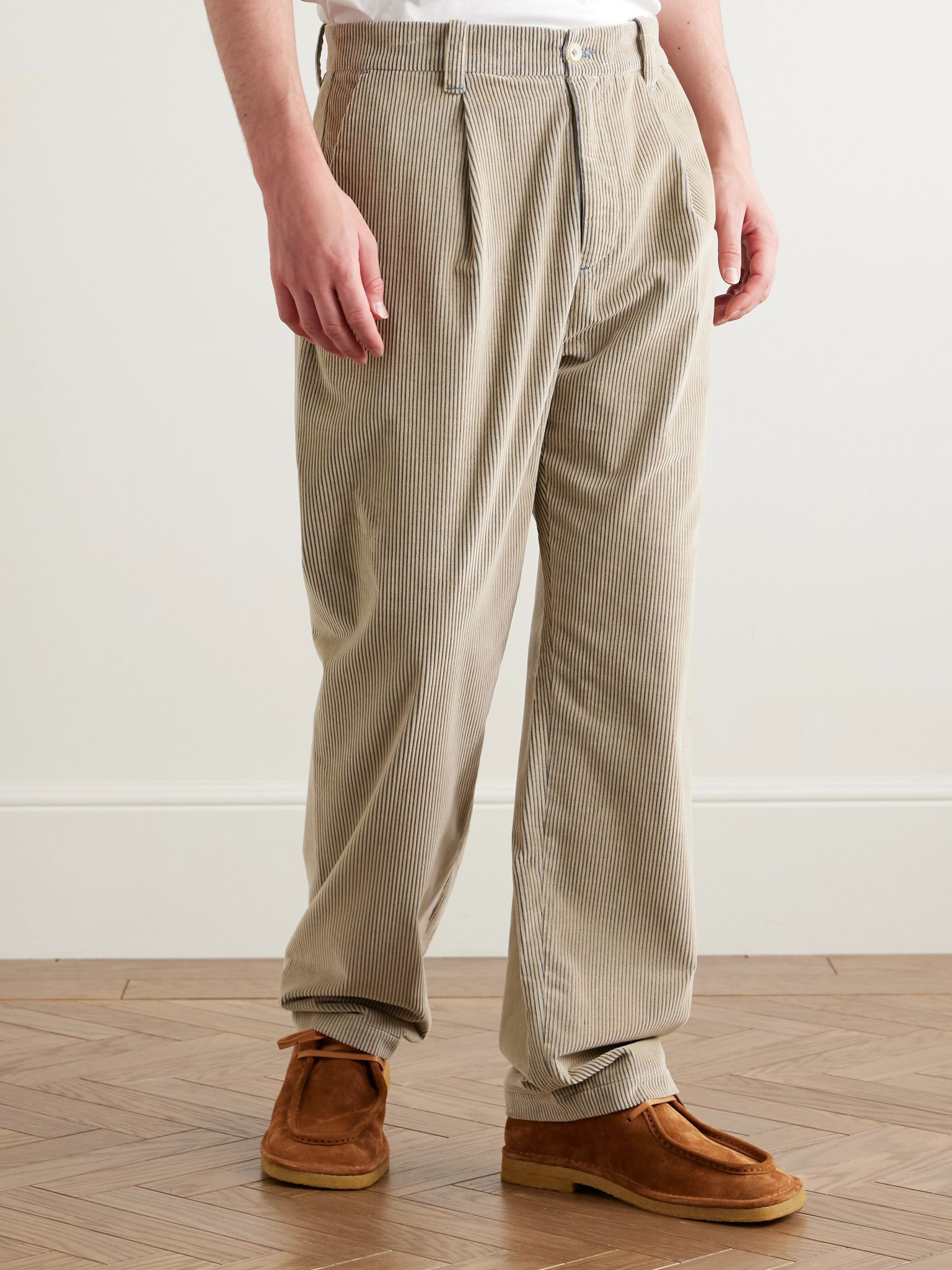 Straight-Leg Pleated Cotton-Corduroy Trousers Beige - 3