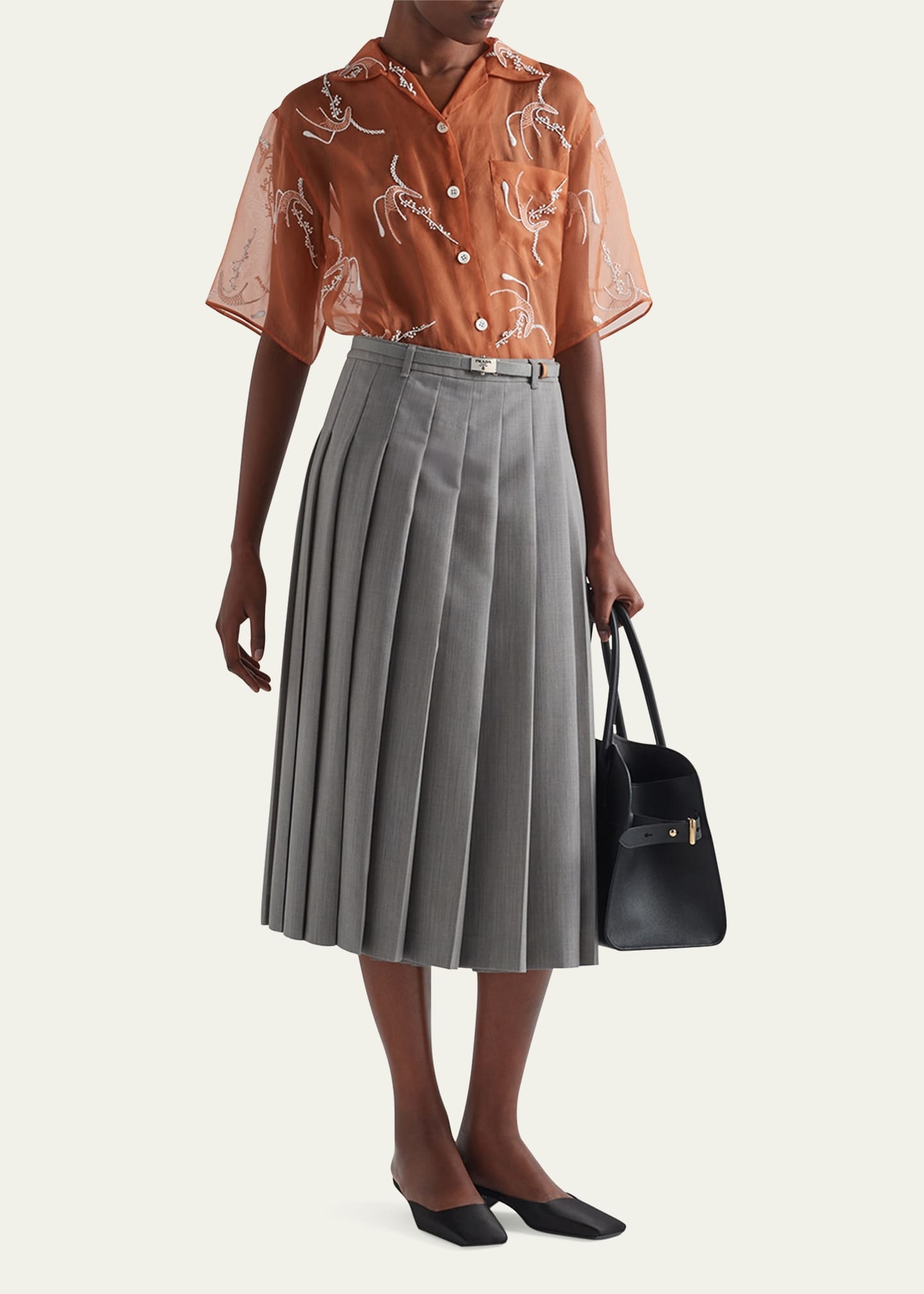 Pleated Kid Mohair Belted Midi Skirt - 2