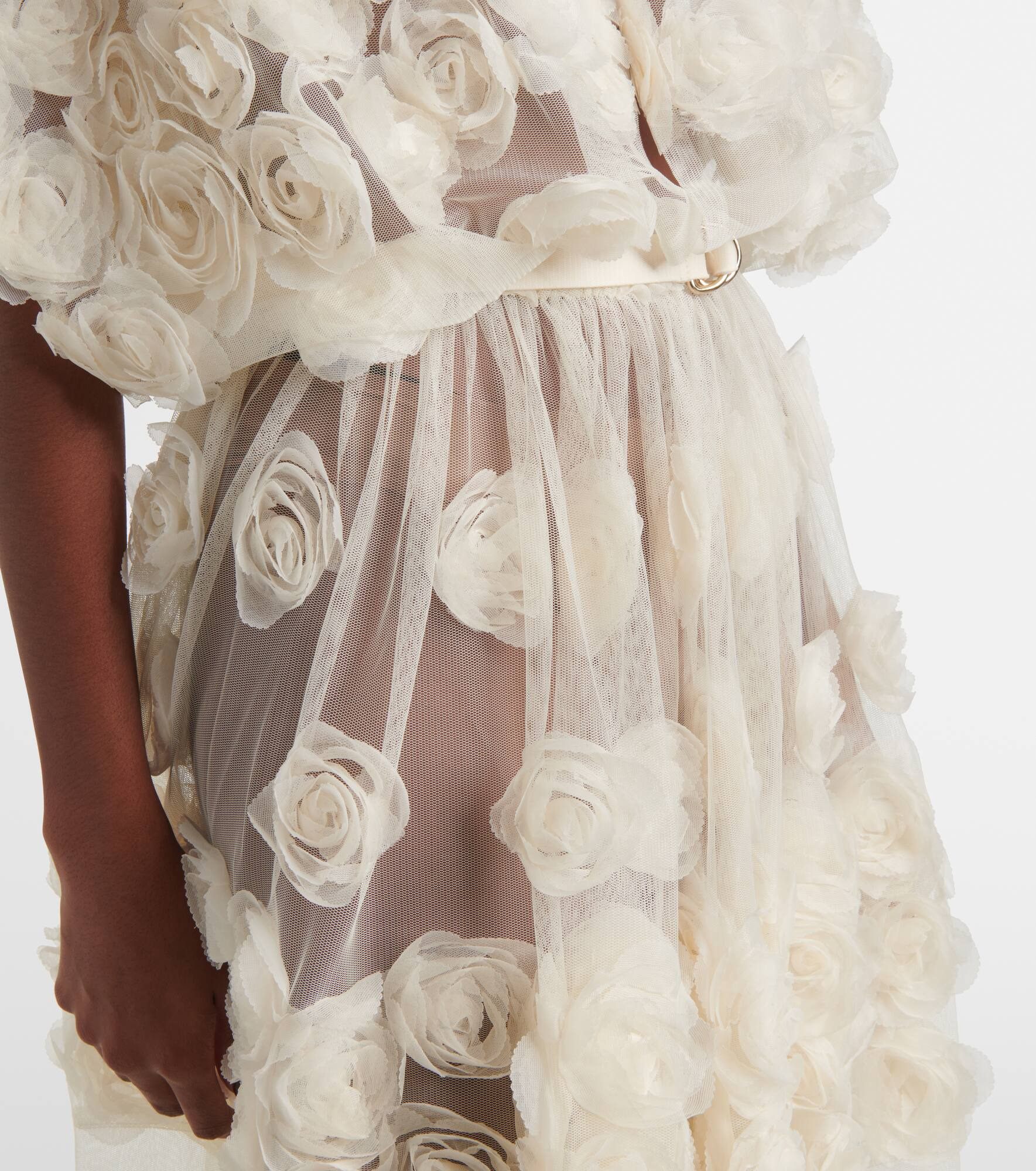 Floral-appliqué belted sheer gown - 5