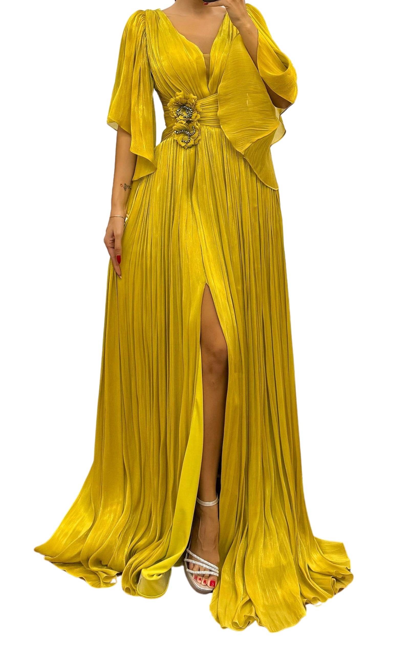 Cult Moda - Elegant Chiffon Evening Dress Gown with Floral Brooch - 3