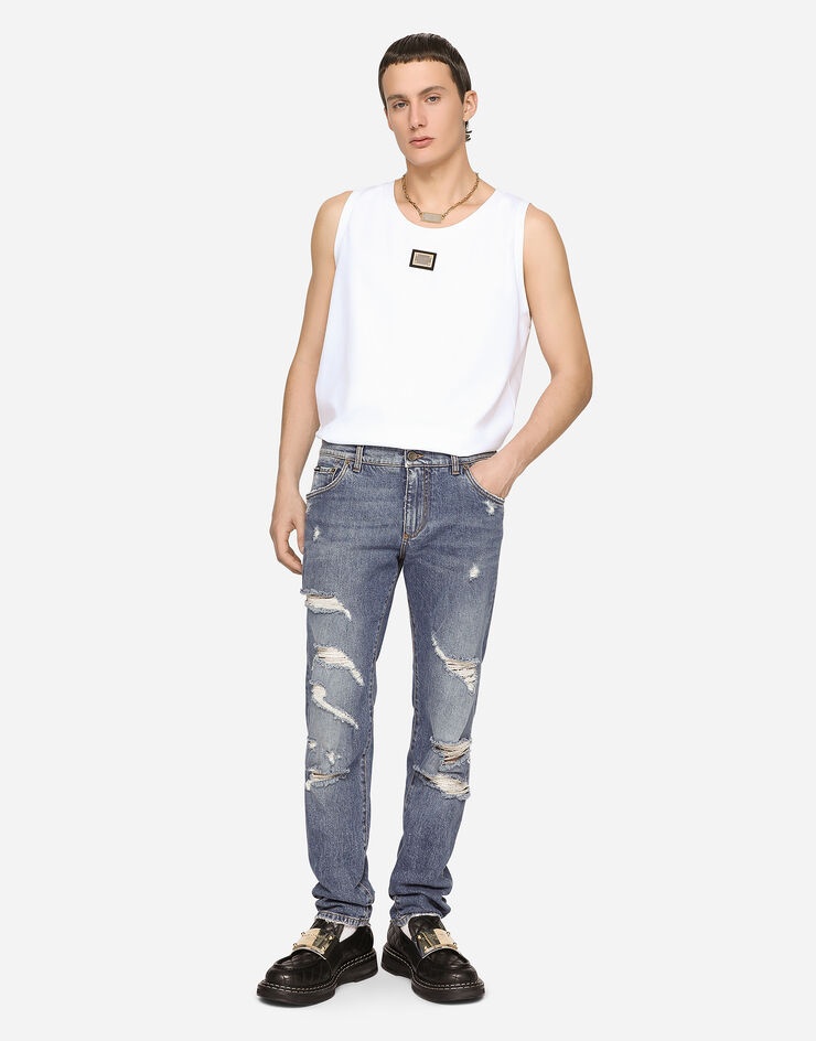 Mid blue slim-fit stretch jeans with rips - 1