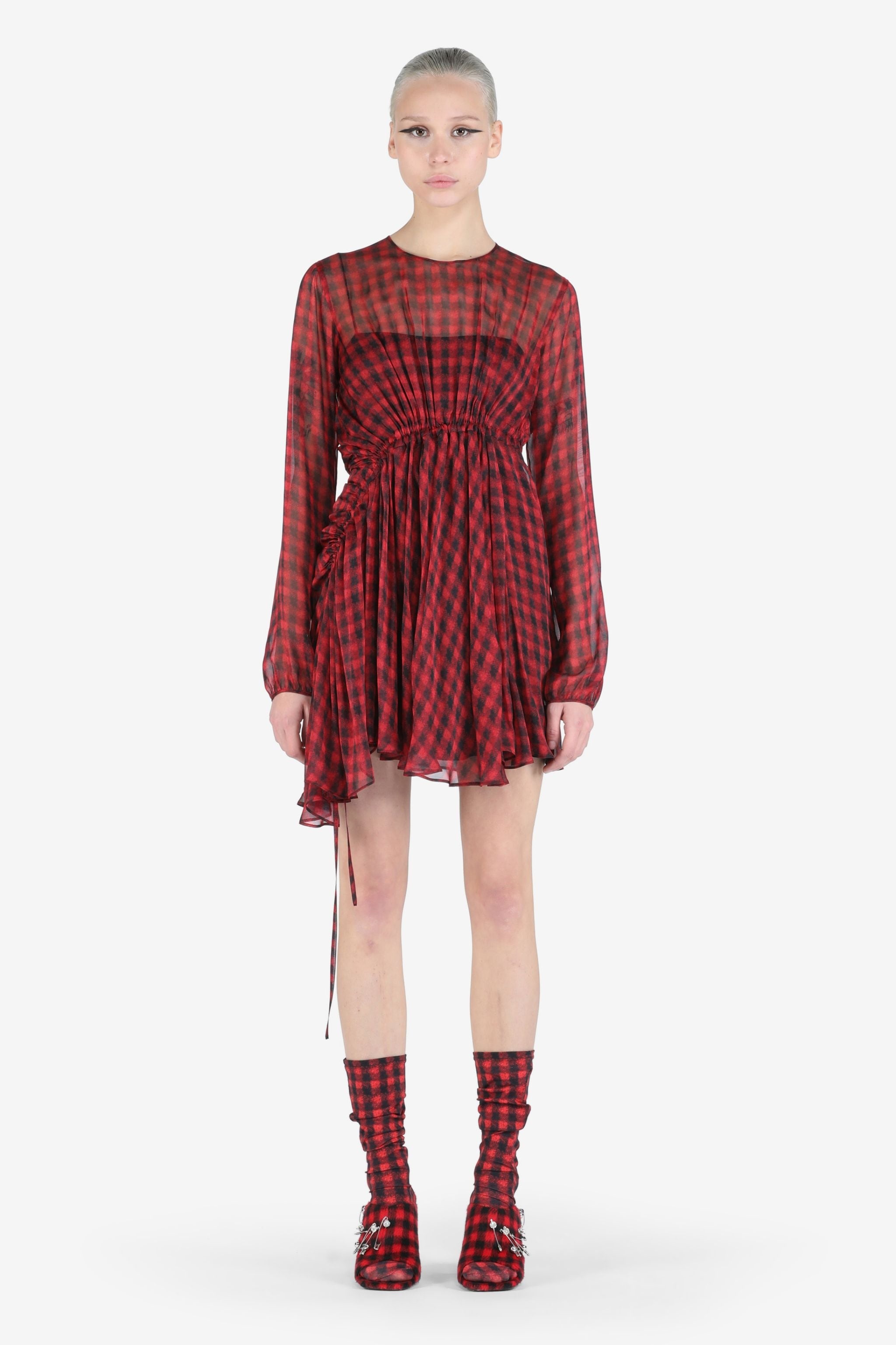 CHECKED GATHERED SILK MINI DRESS - 1