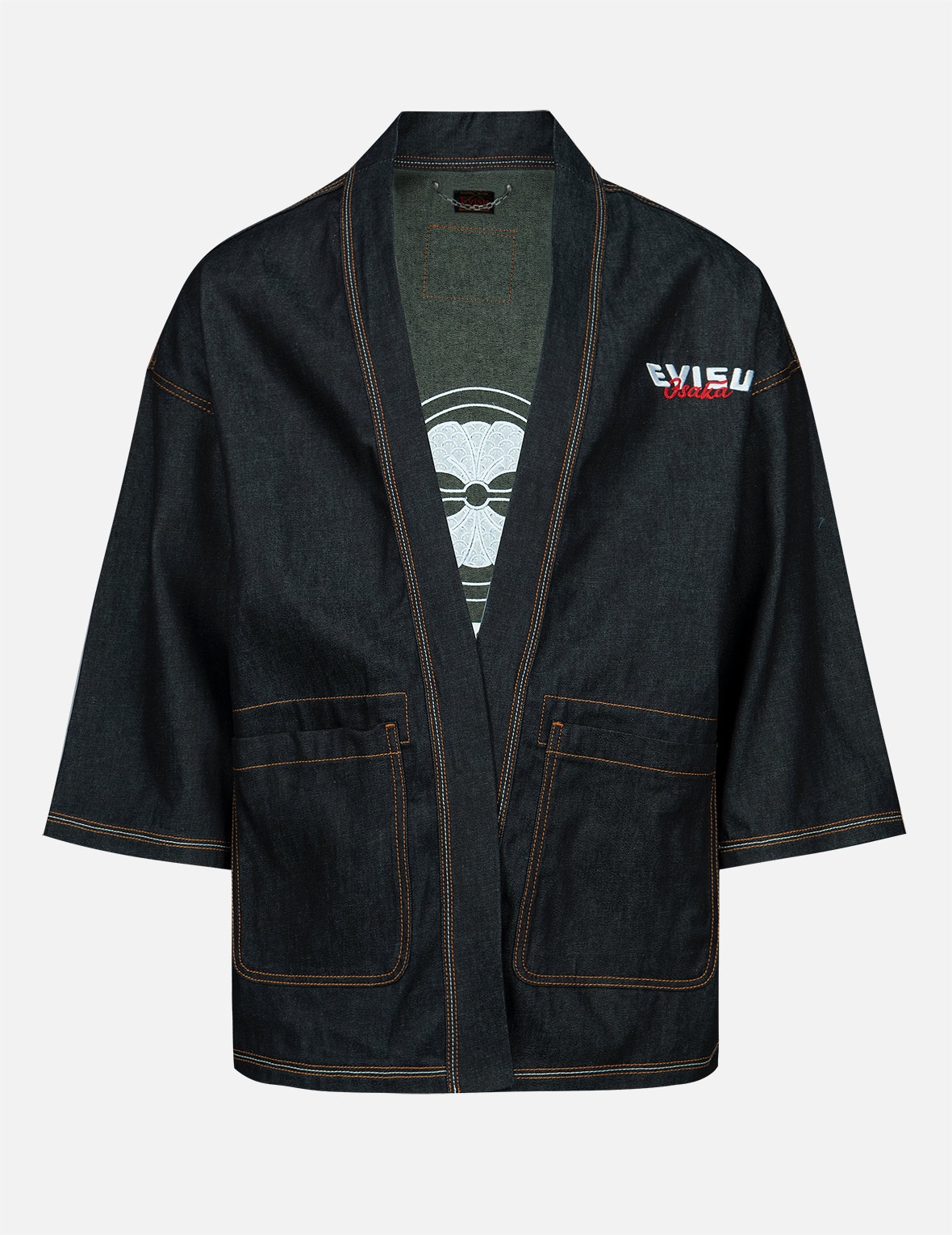 BROCADE-PATTERN KAMON PRINT DENIM KIMONO - 1