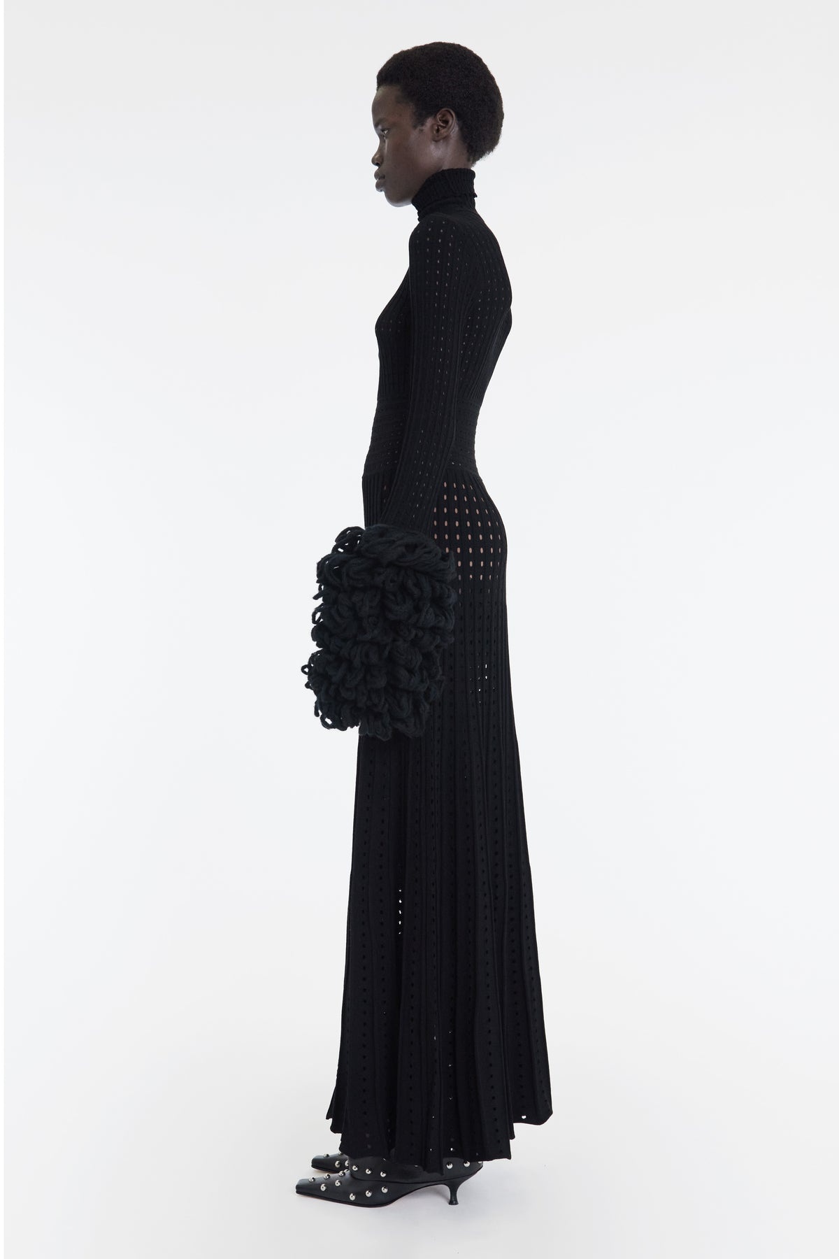 PERFORATED KNIT MAXI DRESS WITH THREADED CUFFS BLACK - 4