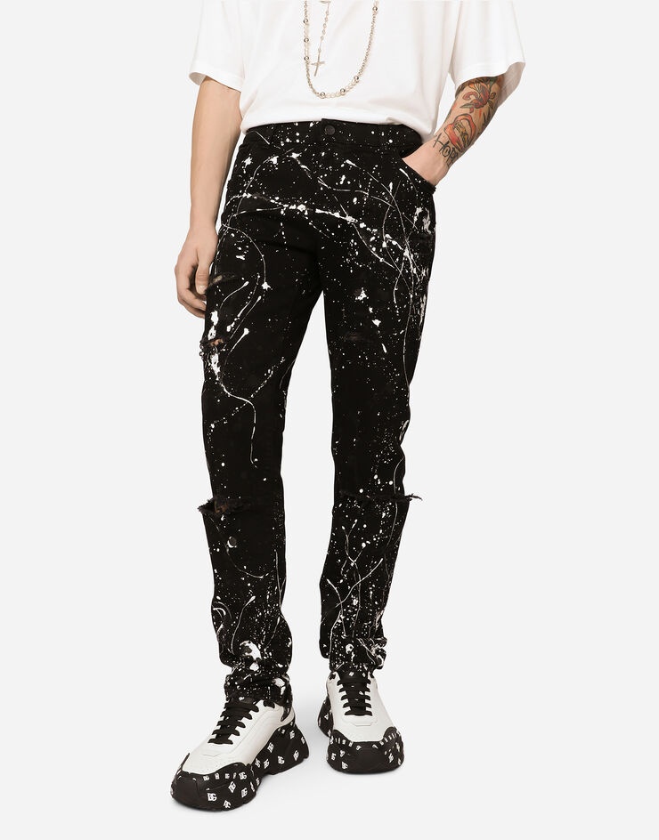 Skinny stretch jeans with rips and splash design - 4