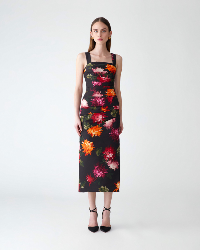 CAROLINA HERRERA Chrysanthemum-Print Draped Midi Dress outlook