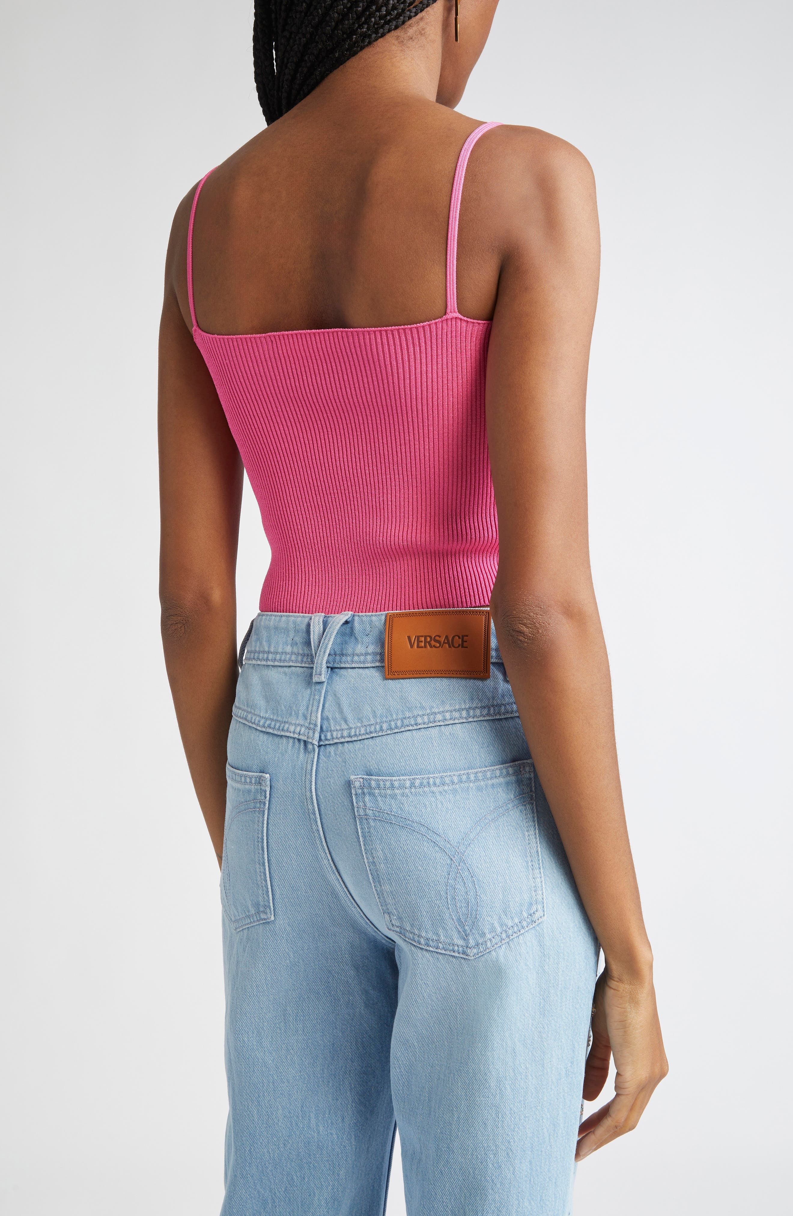 Versace Safety Pin Rib Crop Top in Dragon Fruit at Nordstrom - 3